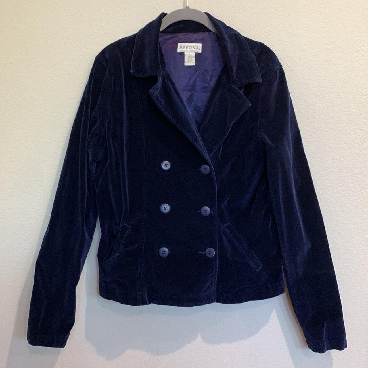 Large Navy Blazer, velvet-like material, side... - Depop