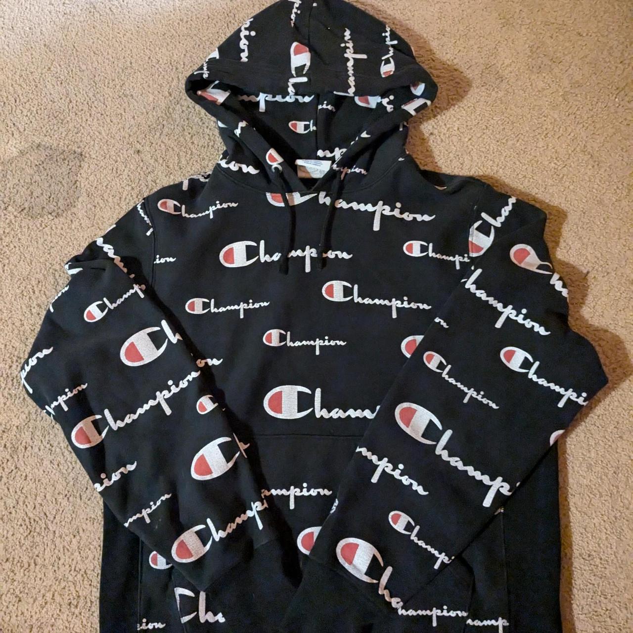 Black champion hoodie all over print hotsell