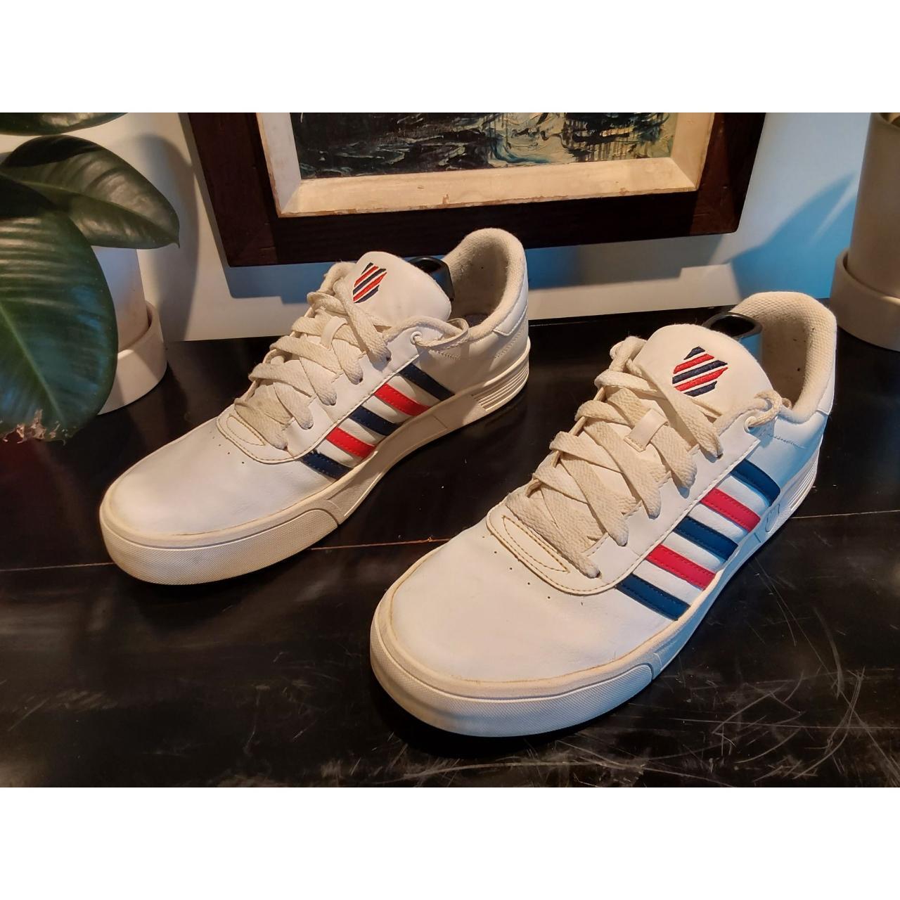 K SWISS Men's White Leather Sneakers With Blue/Red... - Depop