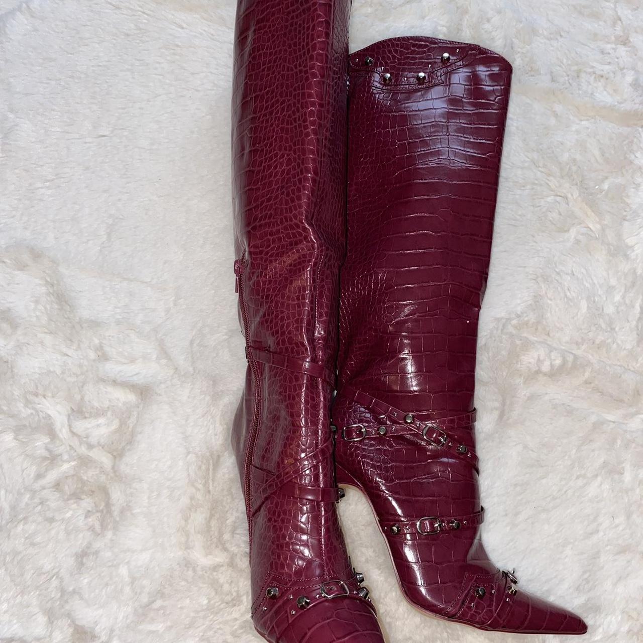 Leather Wine Colored Knee High Boots Public Desire Wine Colored