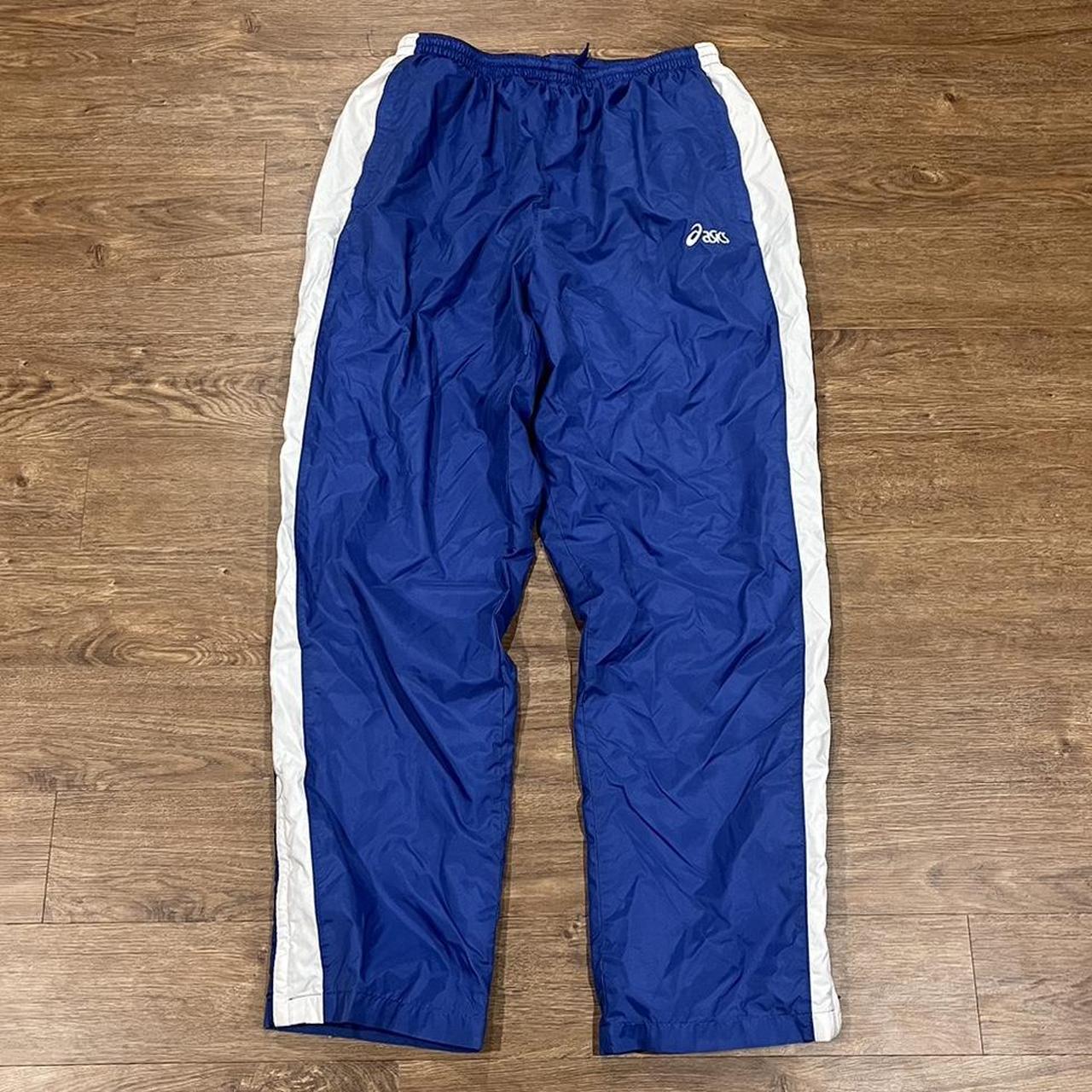 Vintage ASICS Blue and White Striped Track Pants -... - Depop