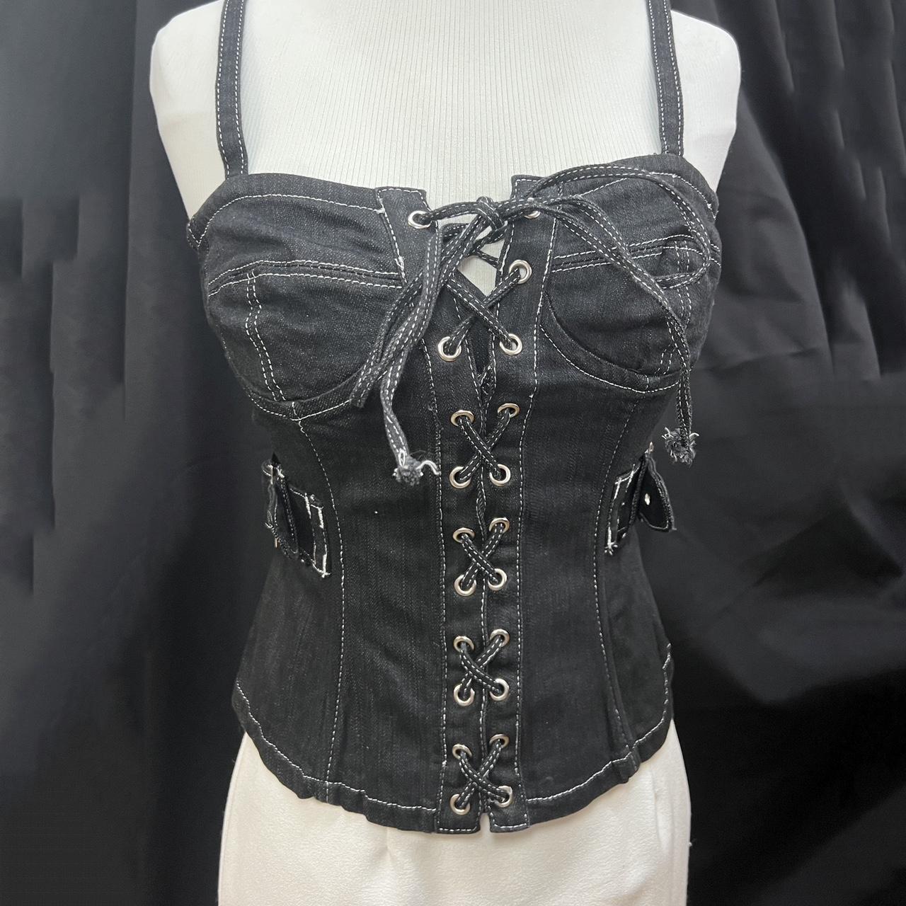 Black Denim lace up corset - silver hardware -... - Depop