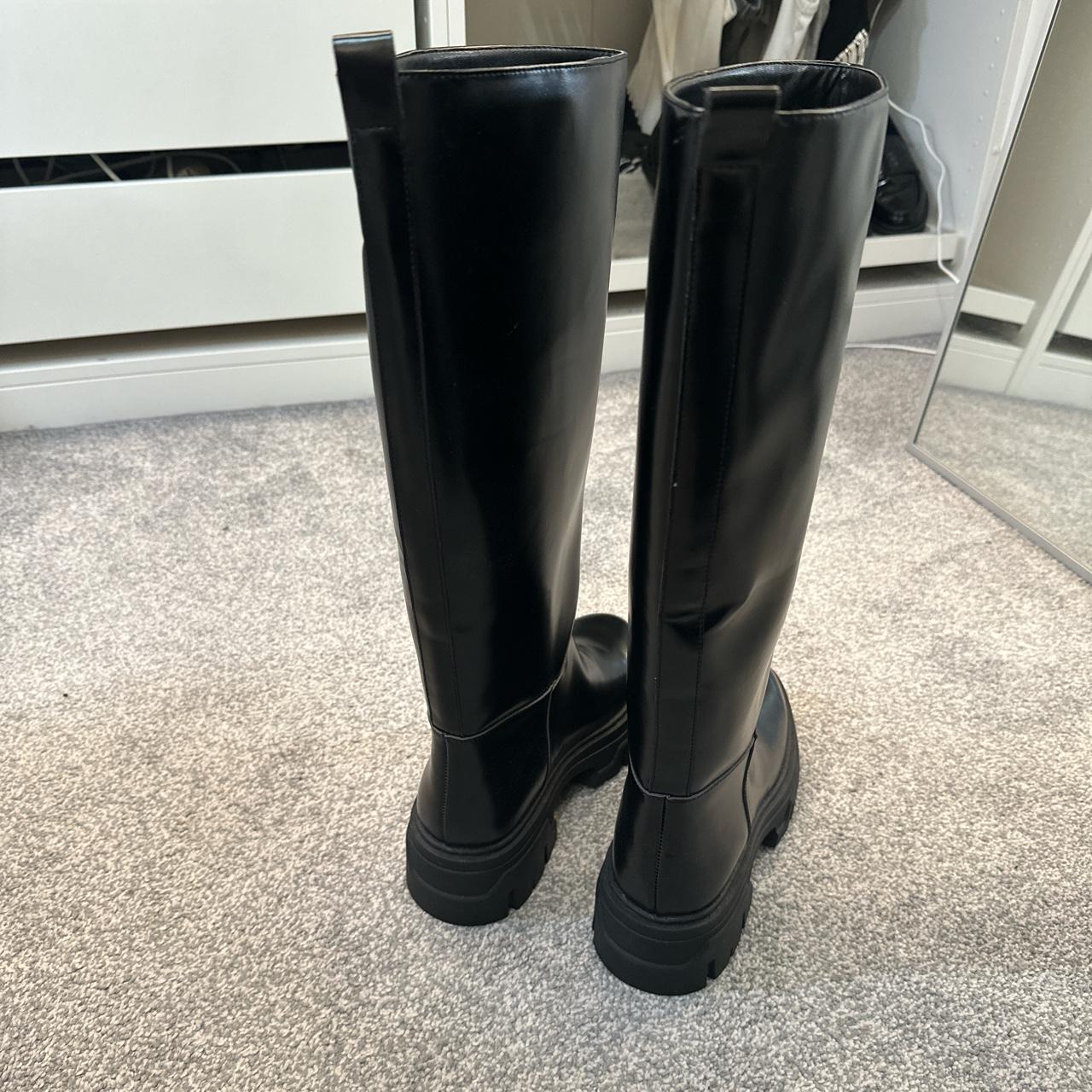 H&M knee high faux leather chunky boots in... - Depop
