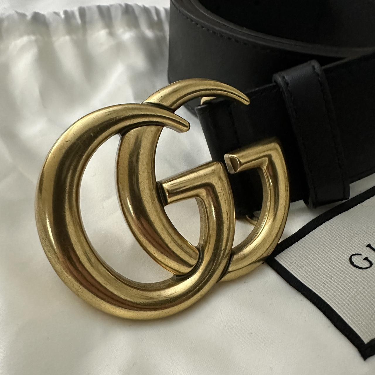 GUCCI WIDE LEATHER BELT WITH DOUBLE G BUCKLE Size:... - Depop