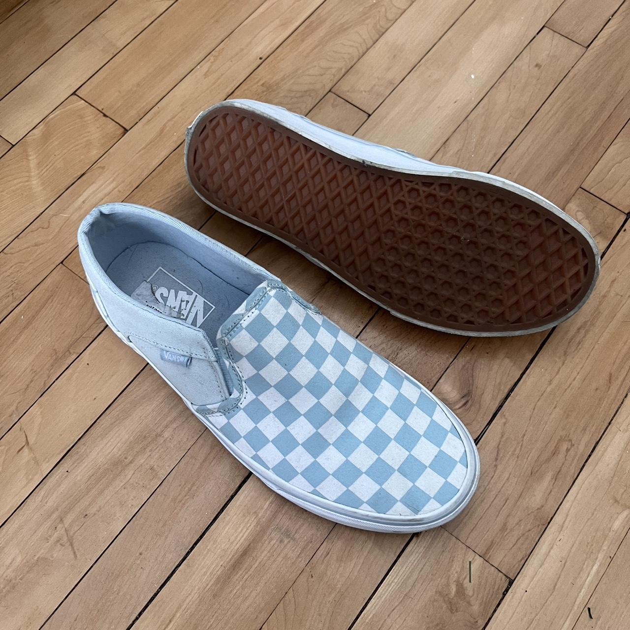 Light blue checkered vans best sale slip on