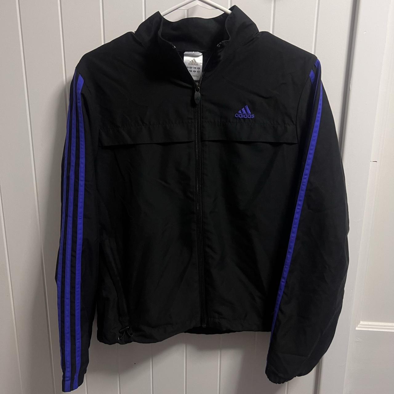 Black adidas jacket with purple clearance stripes