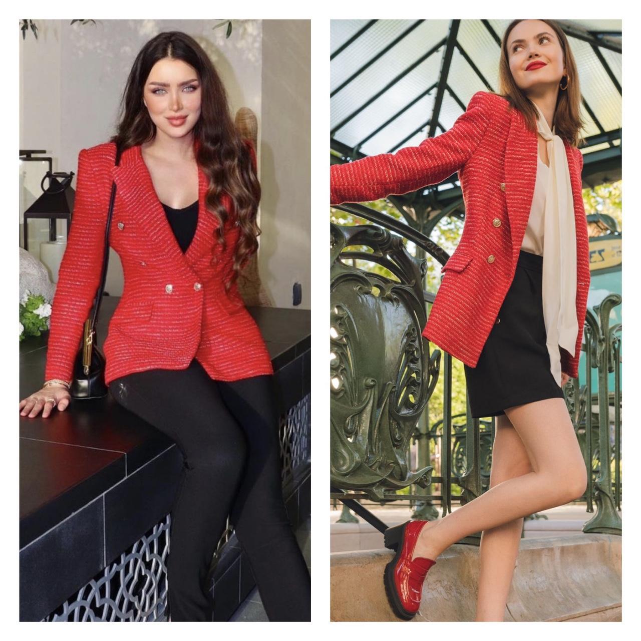 NWT Zara Blazer Red Textured Tweed Double