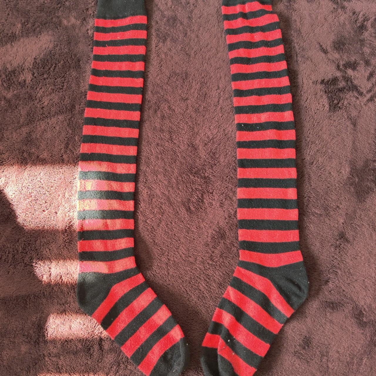 hot topic red and black striped emo socks, worn... - Depop