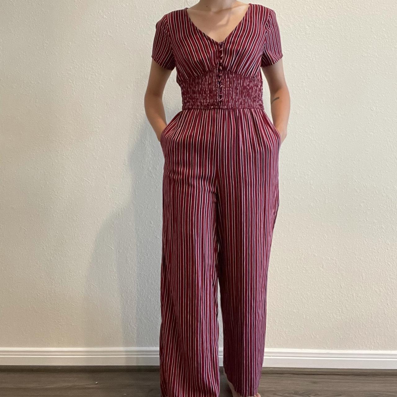 Hollister Striped Red Button Up Jumpsuit Like... Depop