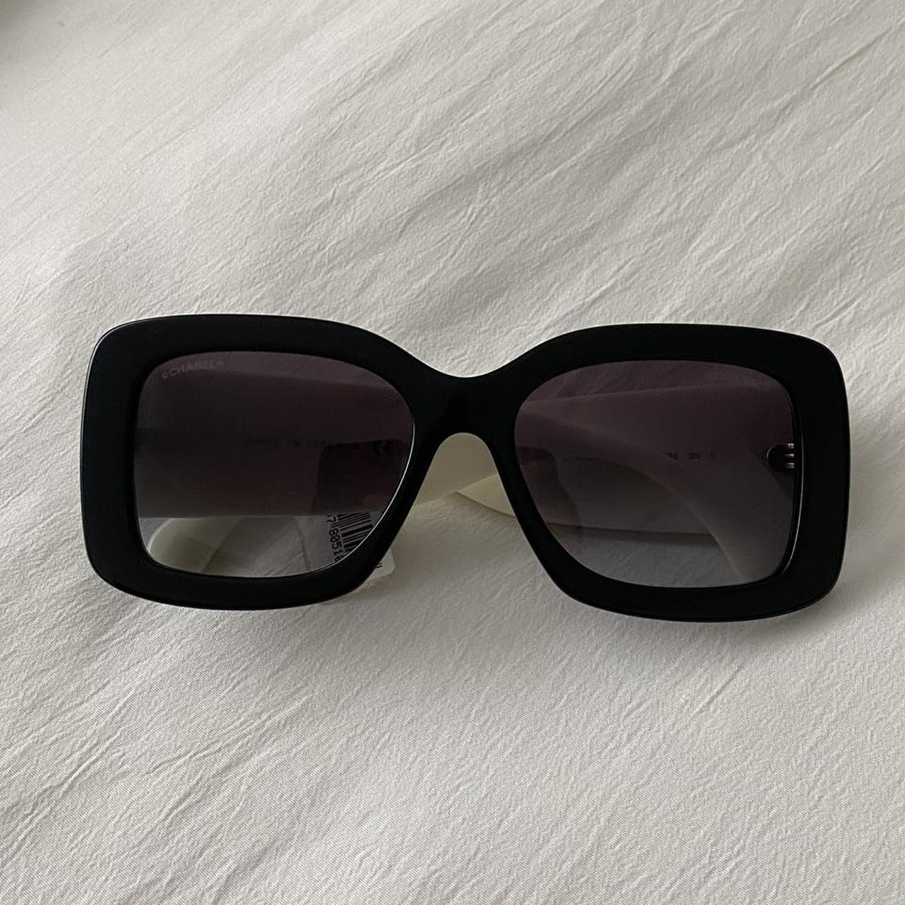 chanel black and white rectangle sunglasses brand - Depop