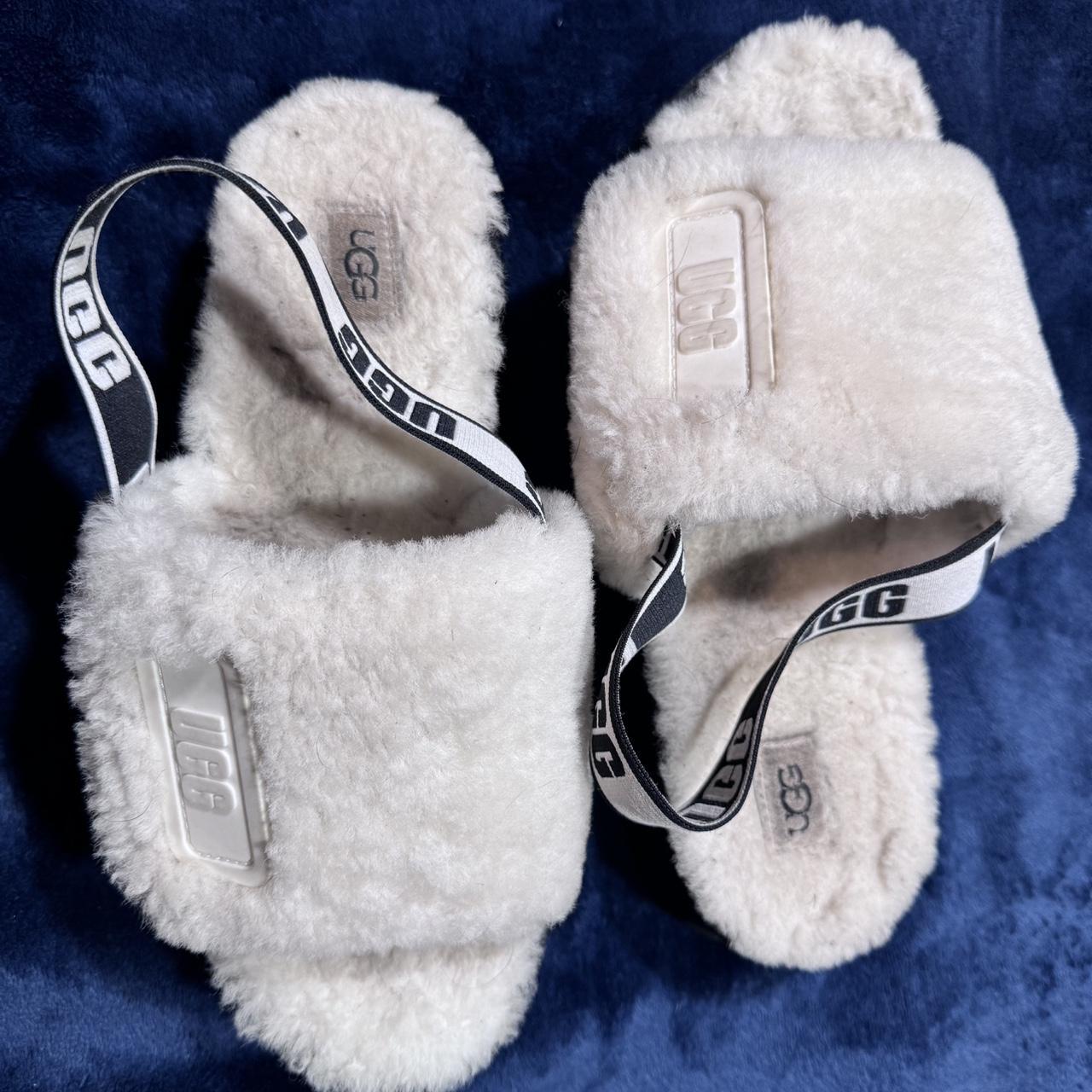 UGG white slippers- black straps and bottoms,... - Depop