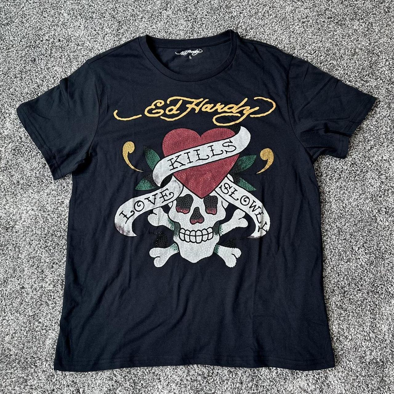 ed hardy rhinestone love kills slowly black t shirt | Depop