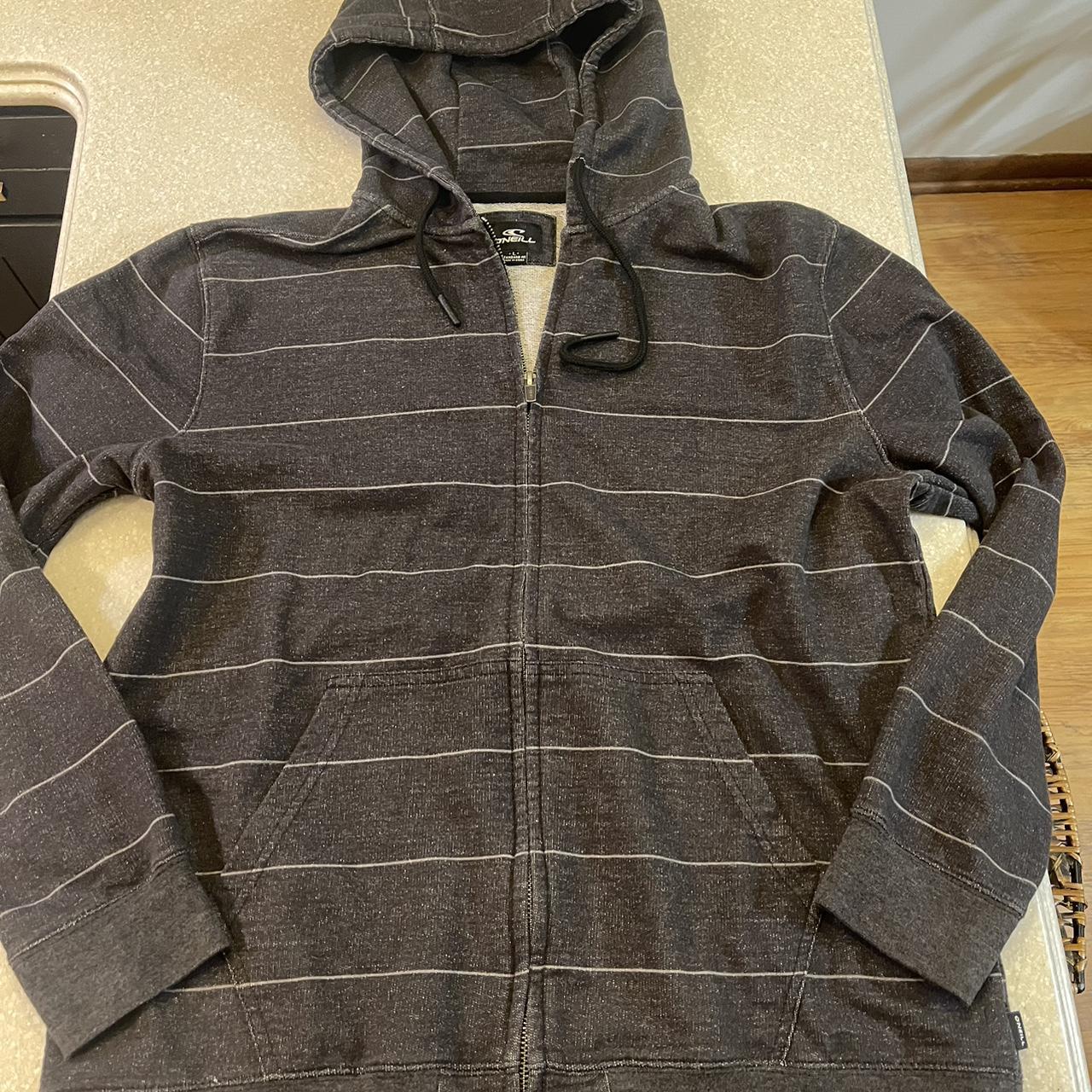 O’Neill zip up hoodie jacket gray with white stripes... - Depop