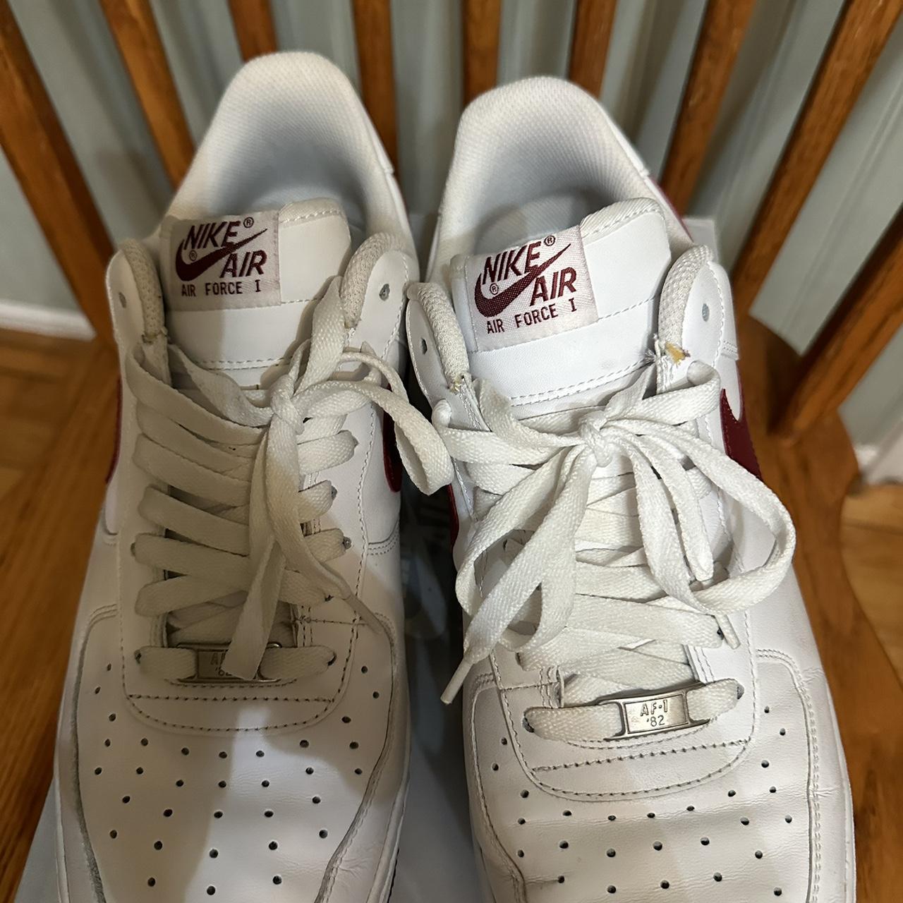 burgundy and white air force ones