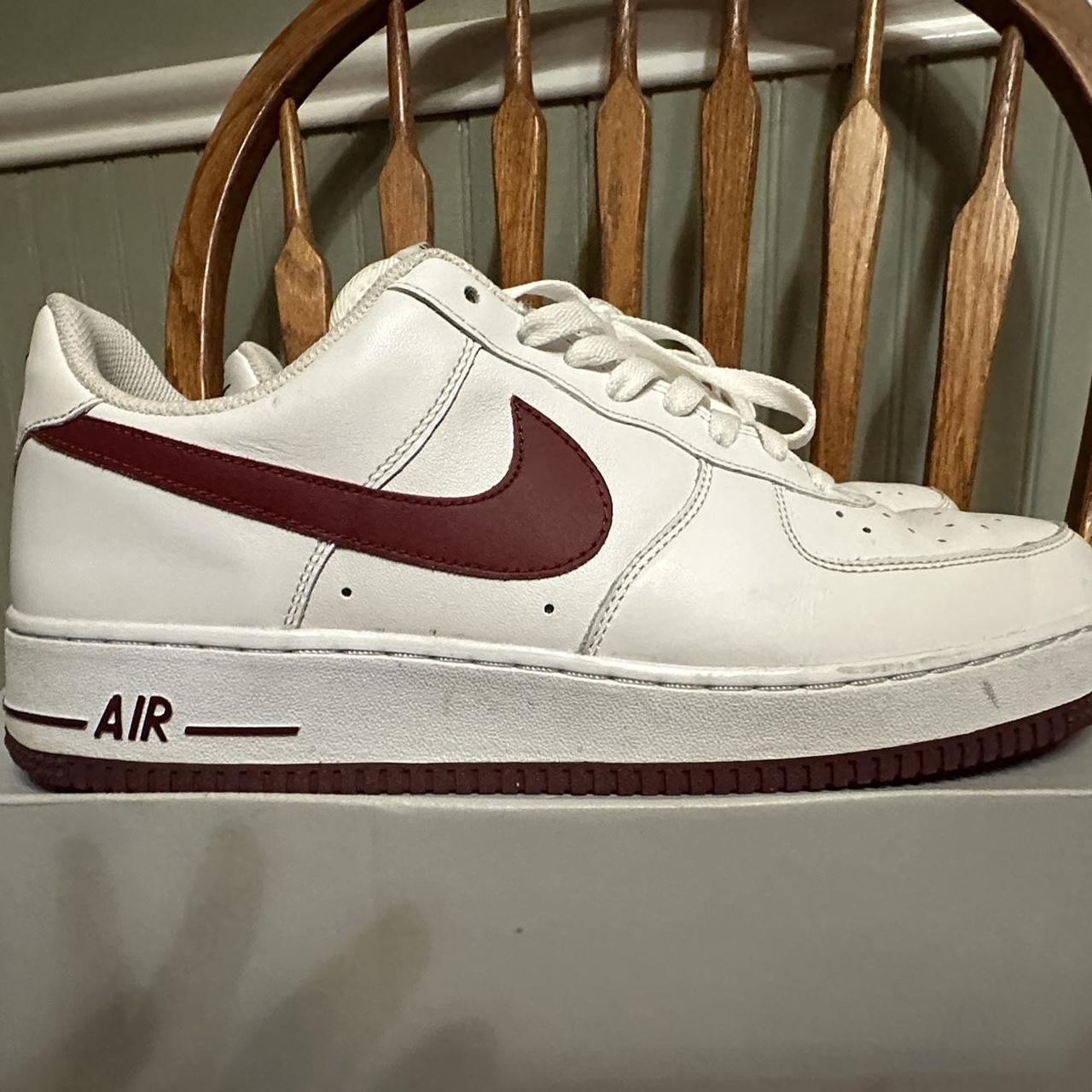burgundy and white air force ones