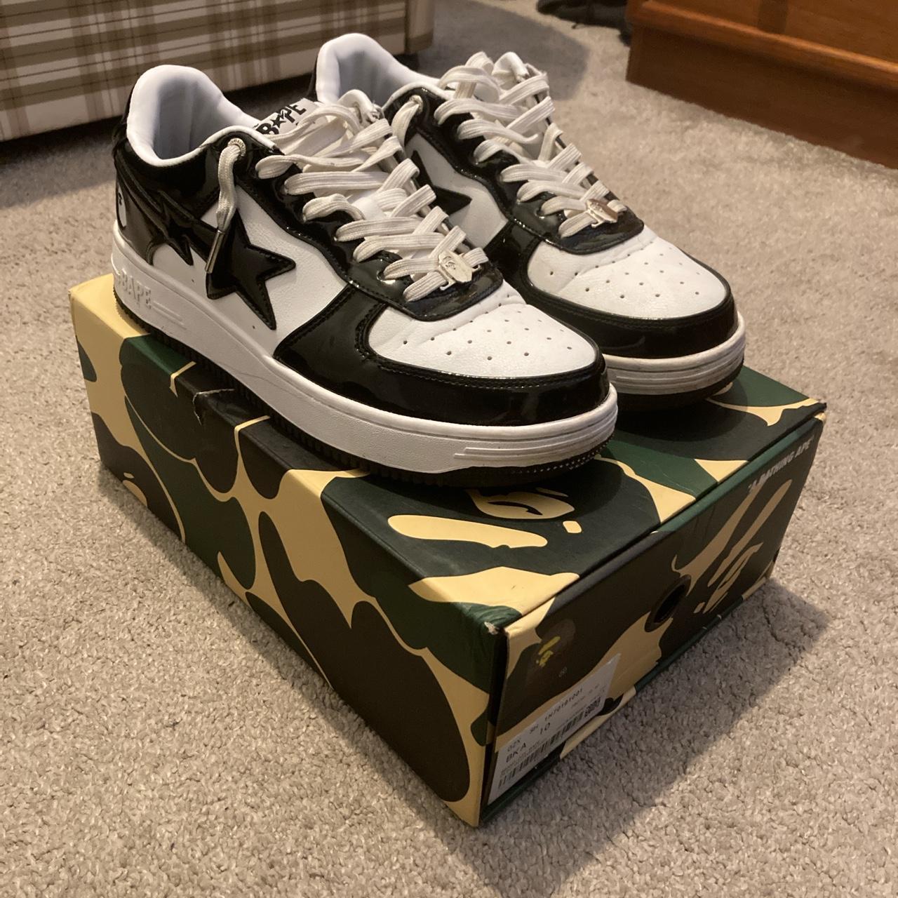 Bapestas ~ black and white patent leather. solid... - Depop