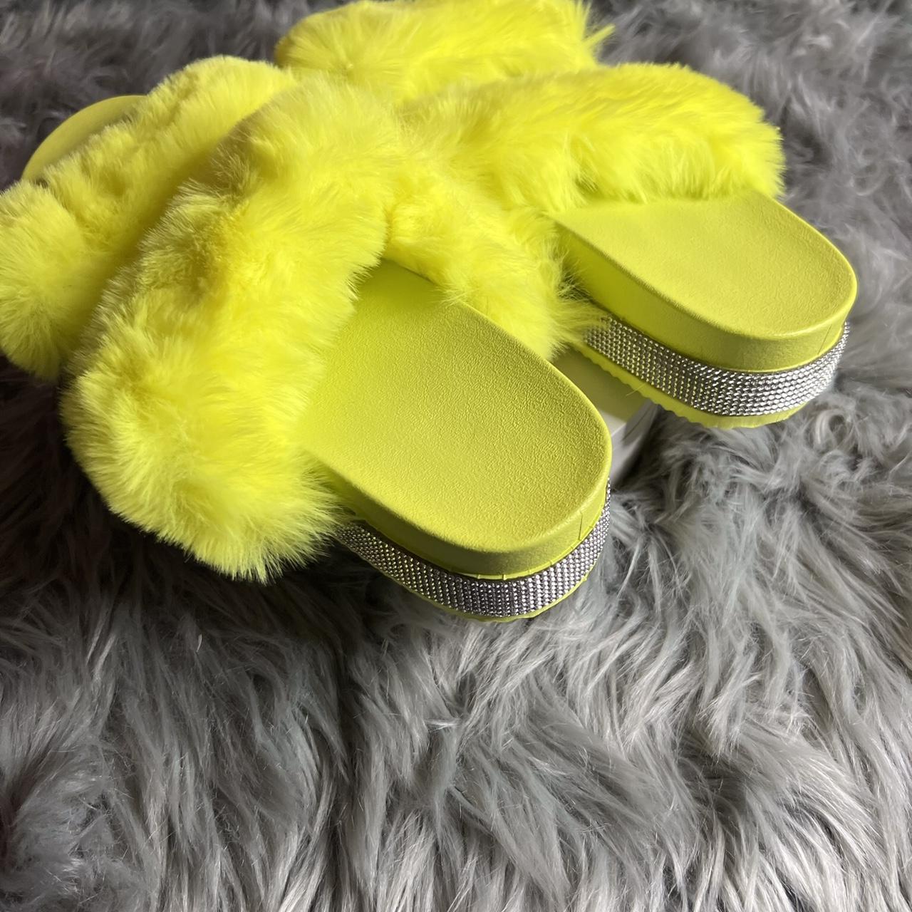 Platform rhinestone faux fur slippers are a stylish Depop