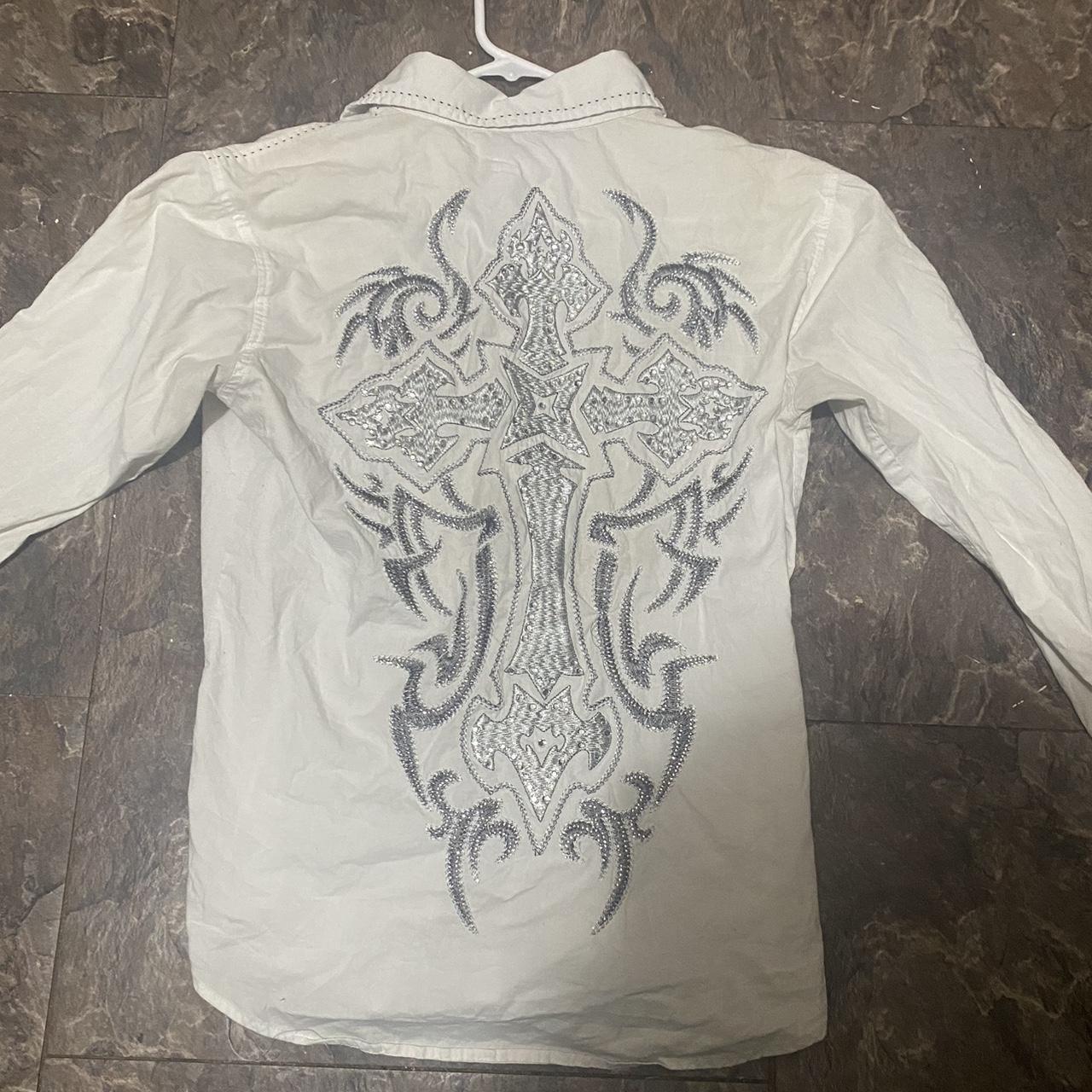 EMBROIDERED BUTTON UP WITH CROSSES AND RHINESTONE... - Depop