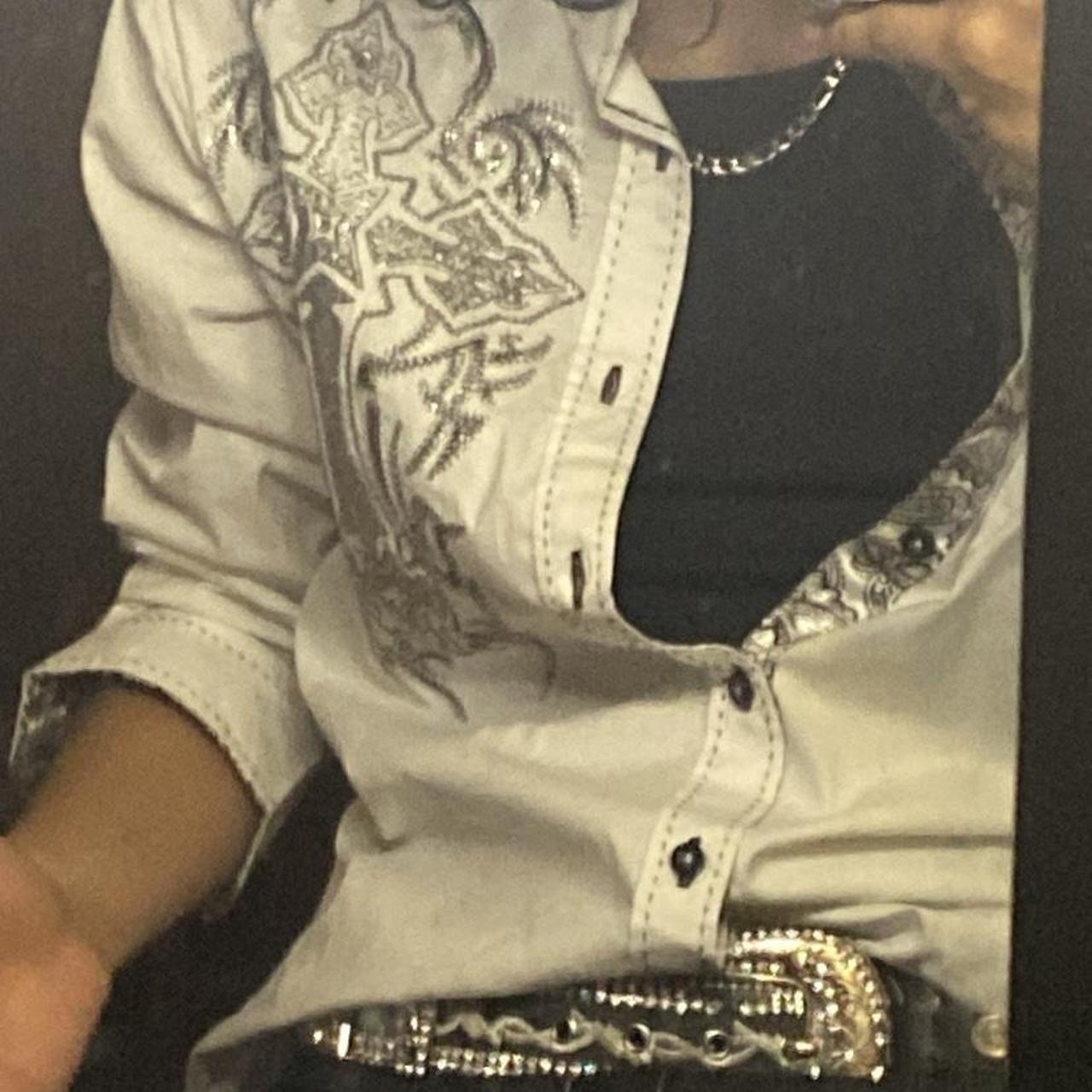 EMBROIDERED BUTTON UP WITH CROSSES AND RHINESTONE... - Depop