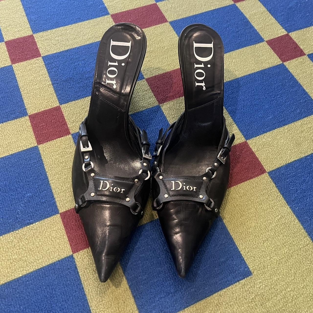 vintage dior pointed toe black bondage kitten heels | Depop
