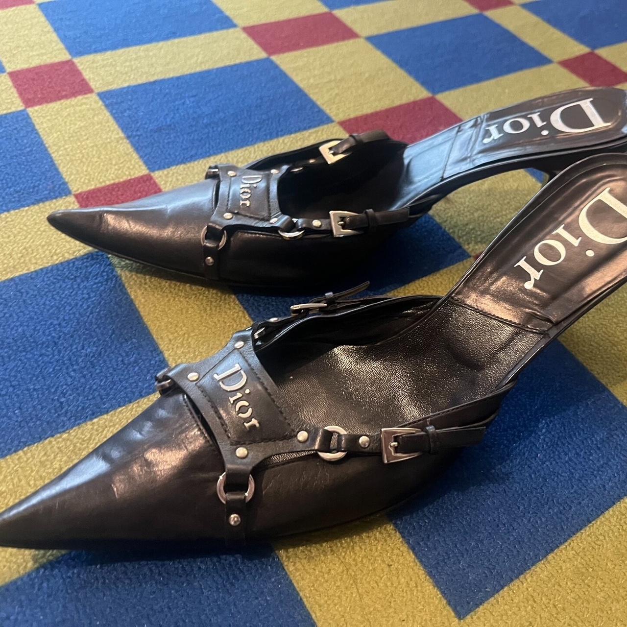 vintage dior pointed toe black bondage kitten heels | Depop