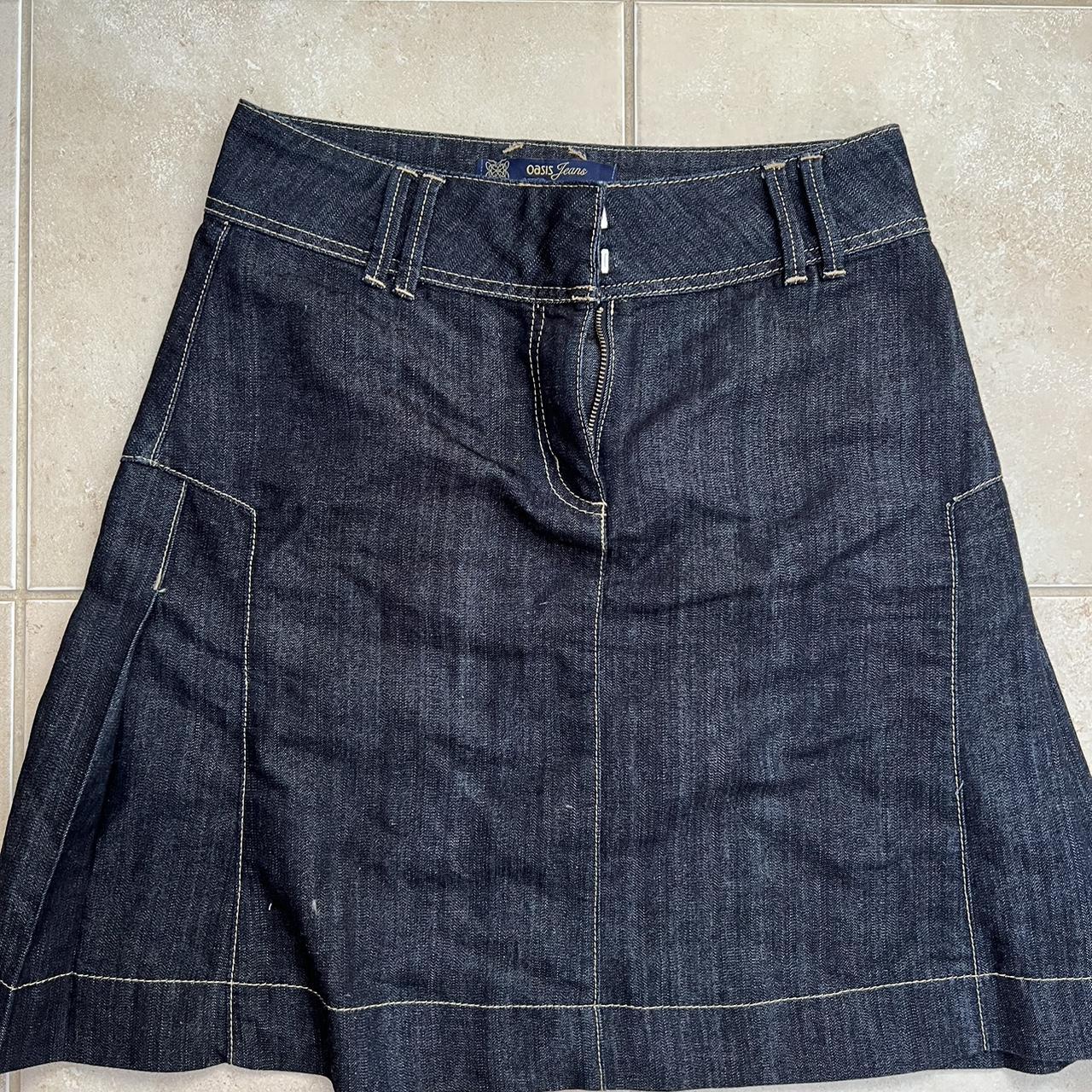 vintage oasis jeans denim skirt with brown stitching... - Depop