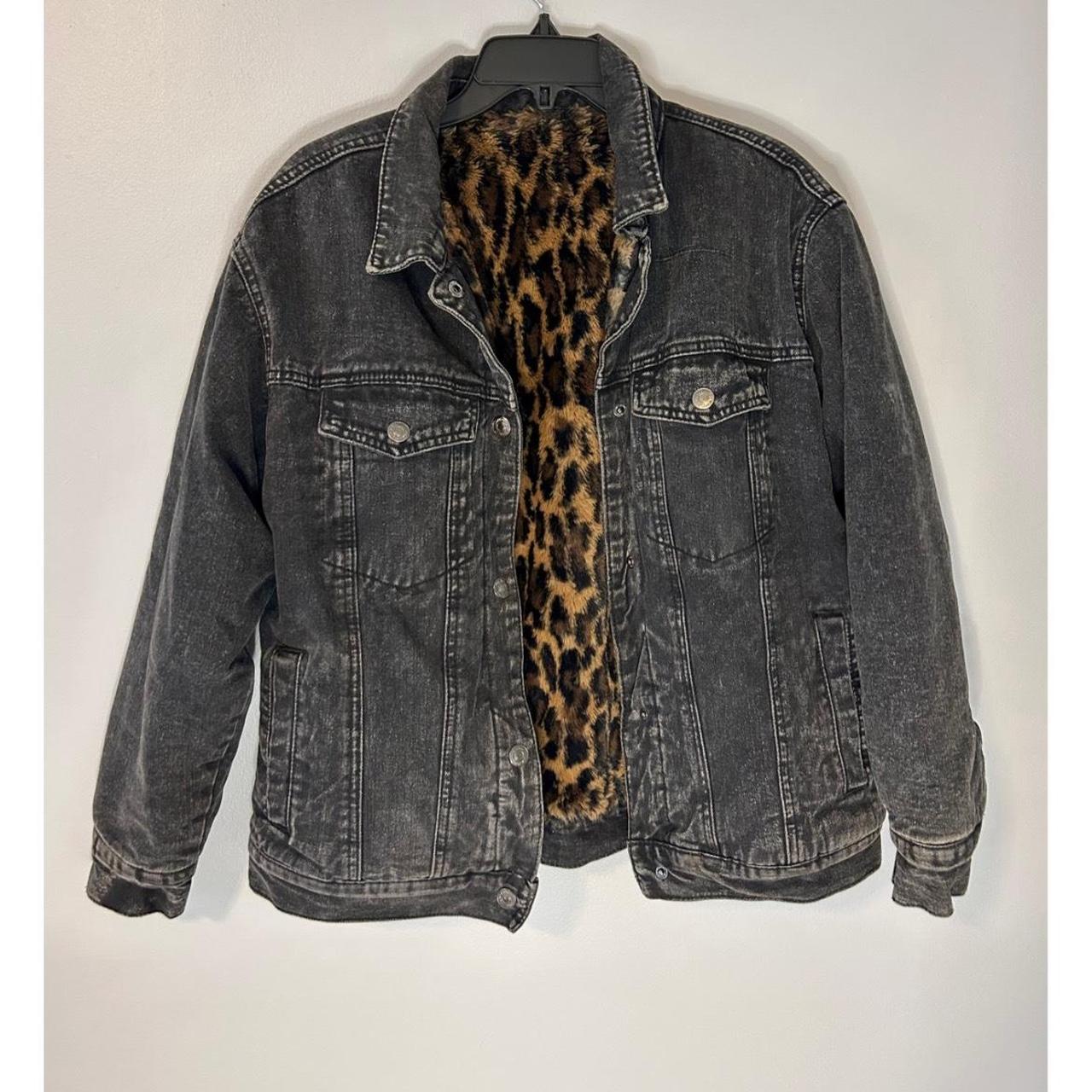 Black jean jacket with cheetah print on inside. Size... - Depop