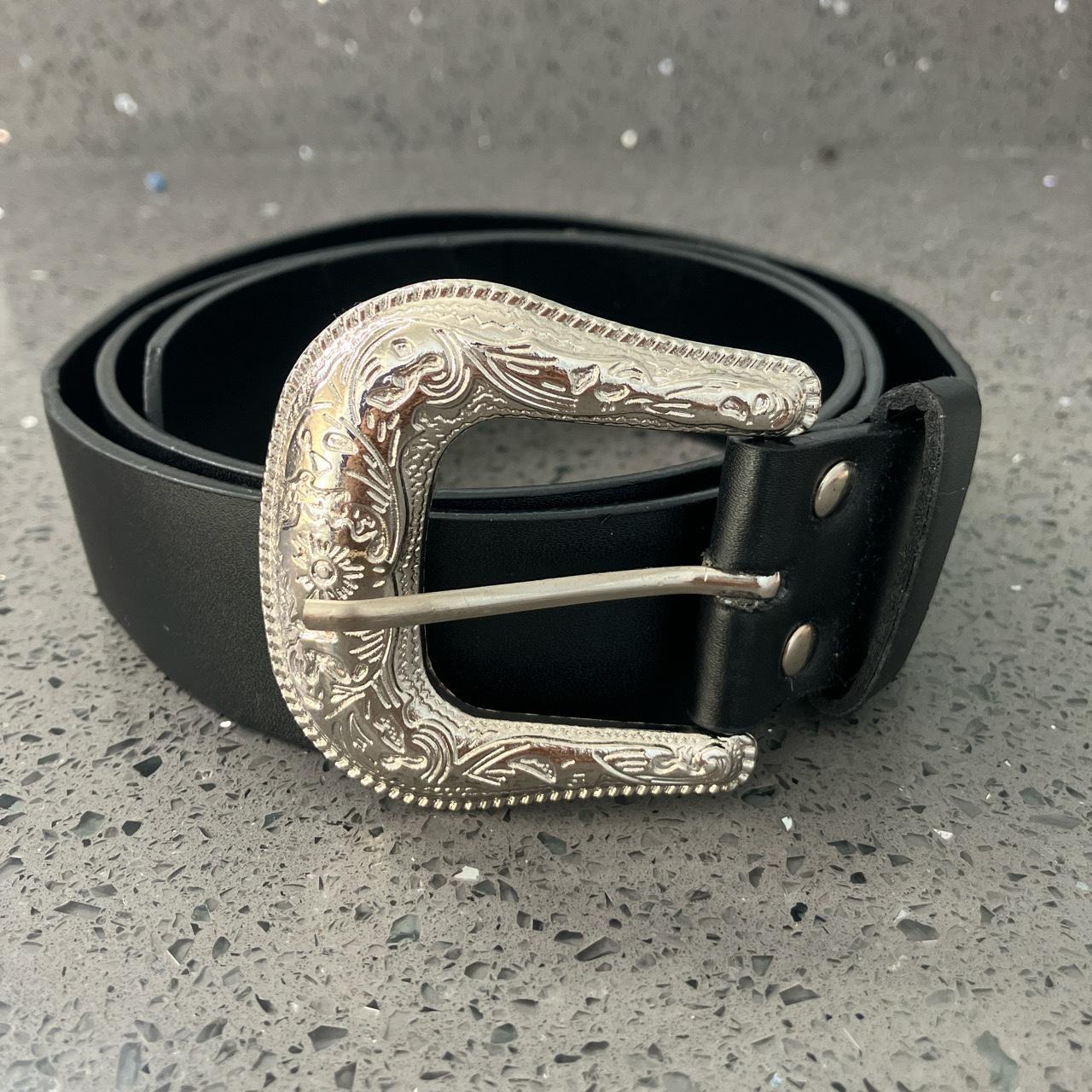 black and silver chrome leather belt unique design... - Depop