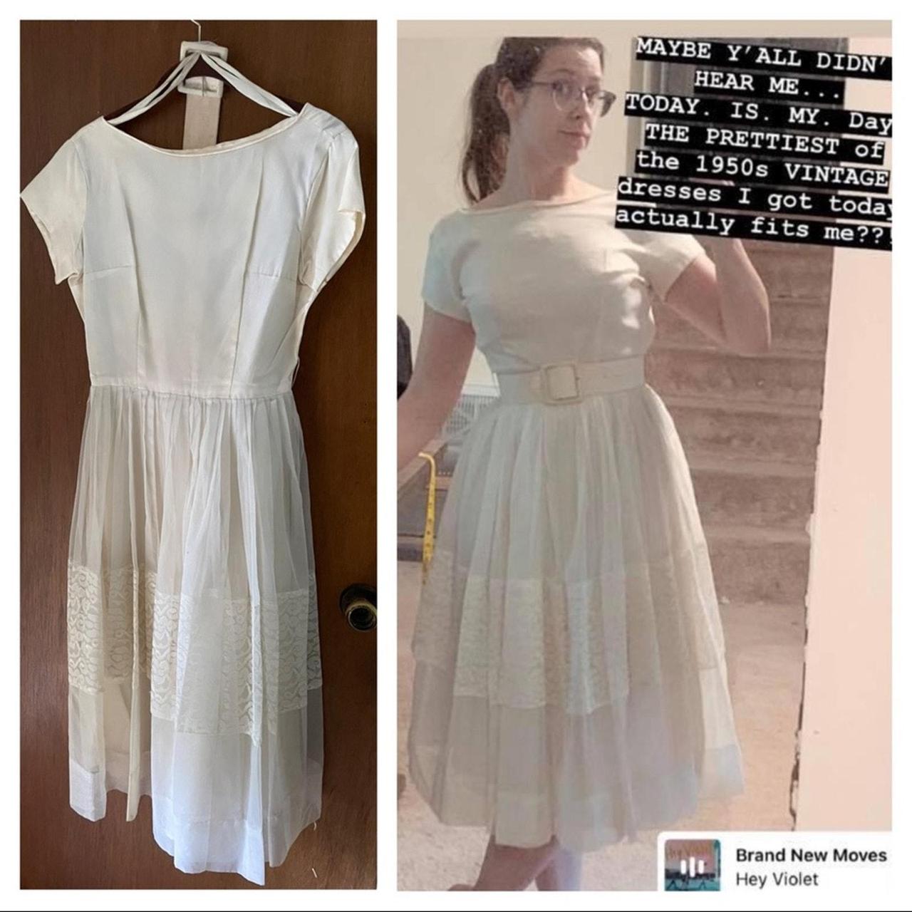 Vintage 1950s gauzy white midi with lace trim and... - Depop