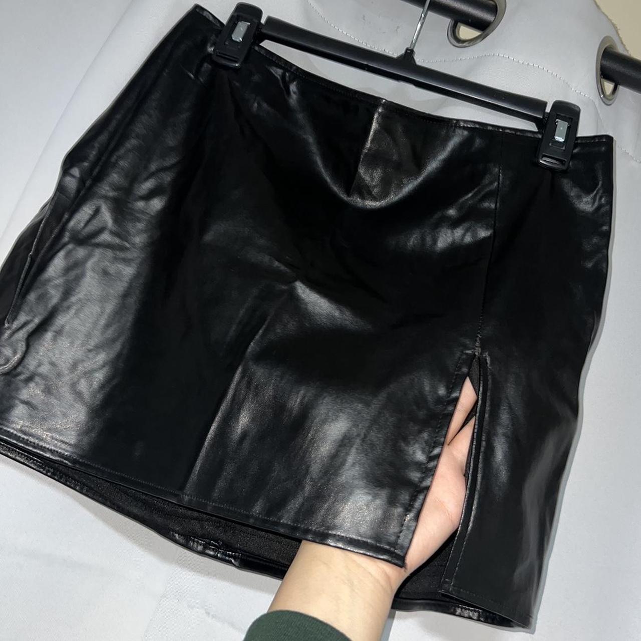 Fashion nova black fake leather mini skirt with slit... - Depop