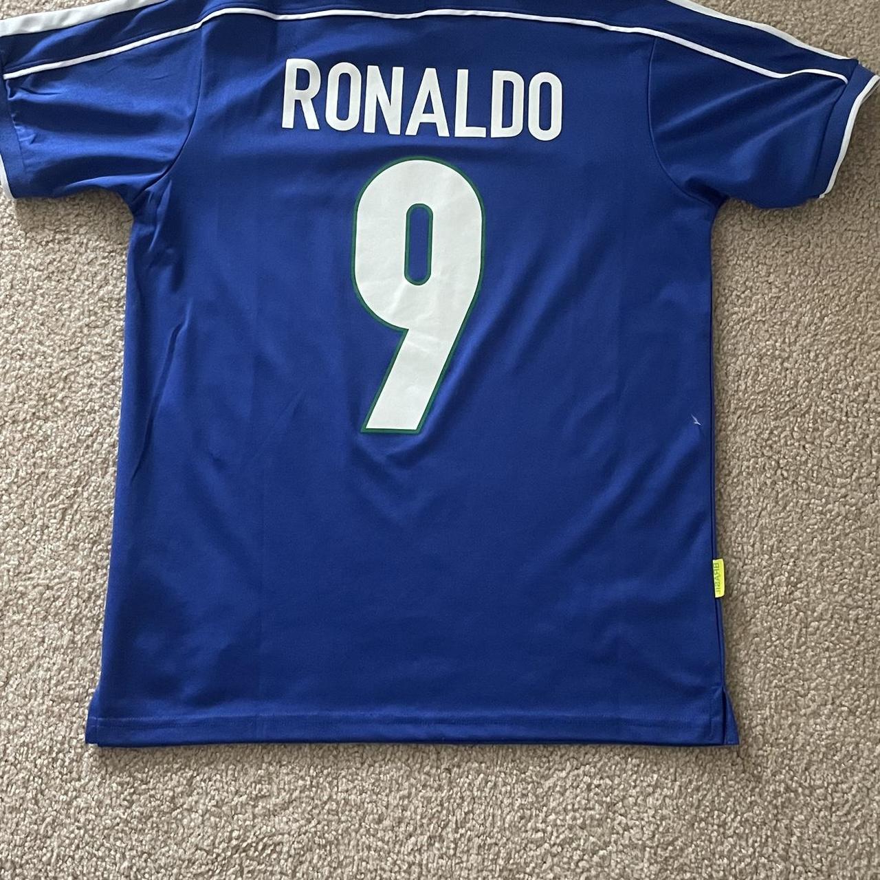 1998 Nike Brazil 9 Ronaldo Blue And White Jersey - Depop