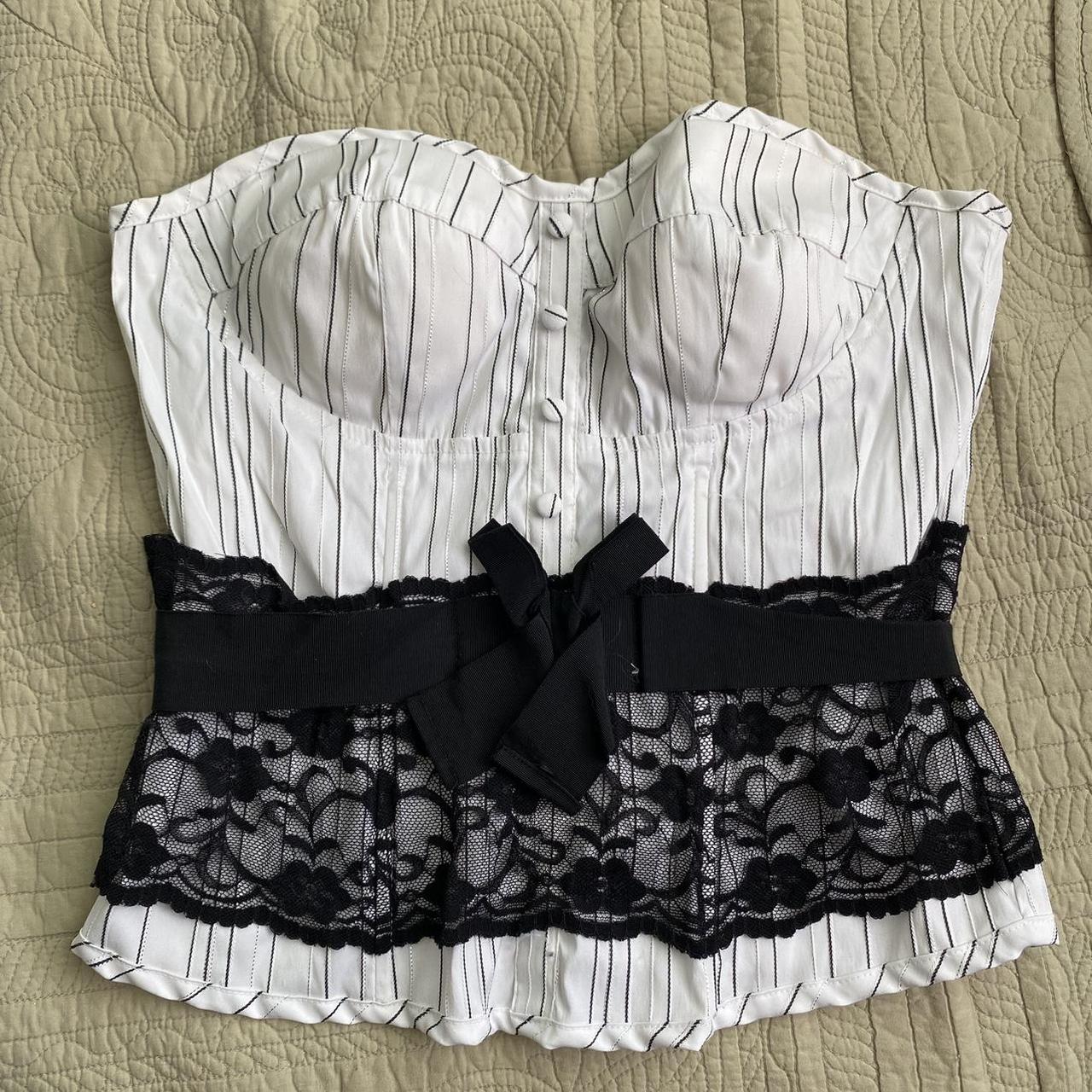 Black and White Corset Bustier with Lace and... Depop