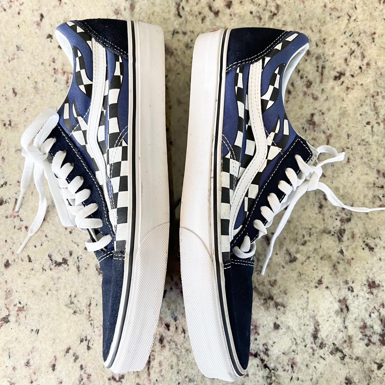 Vans Men s sneaker in navy with checkerboard flame. Depop