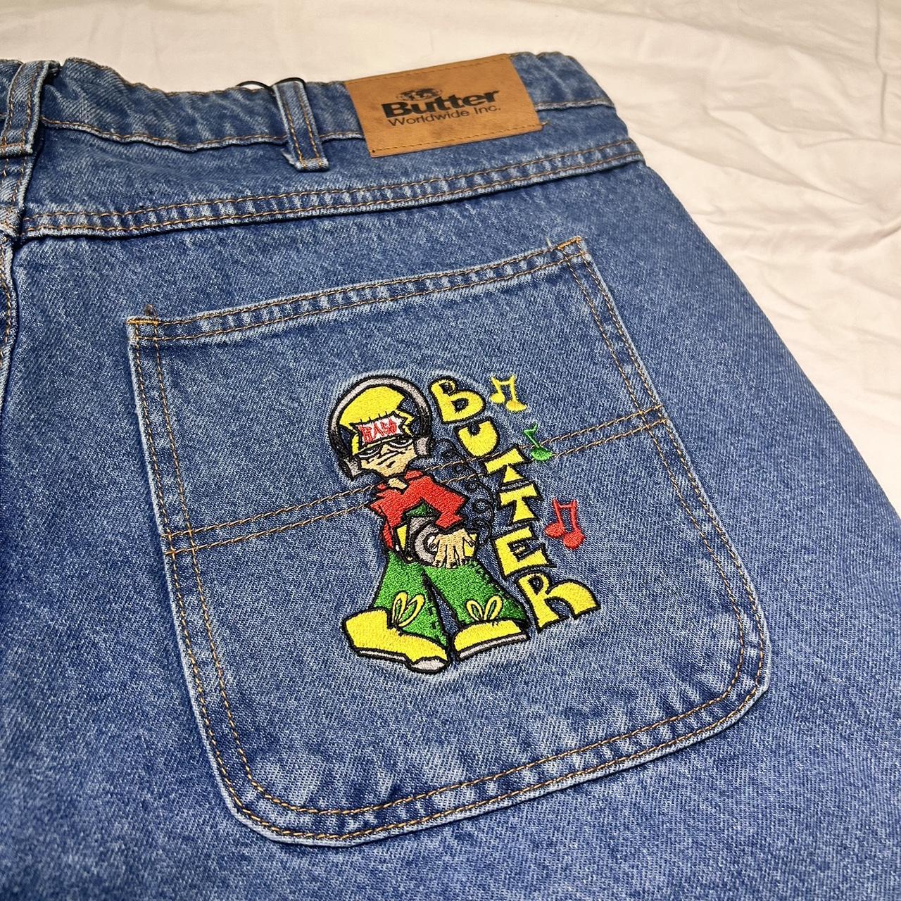 Baggy Butter Jeans with crazy embroidery. Jnco... - Depop