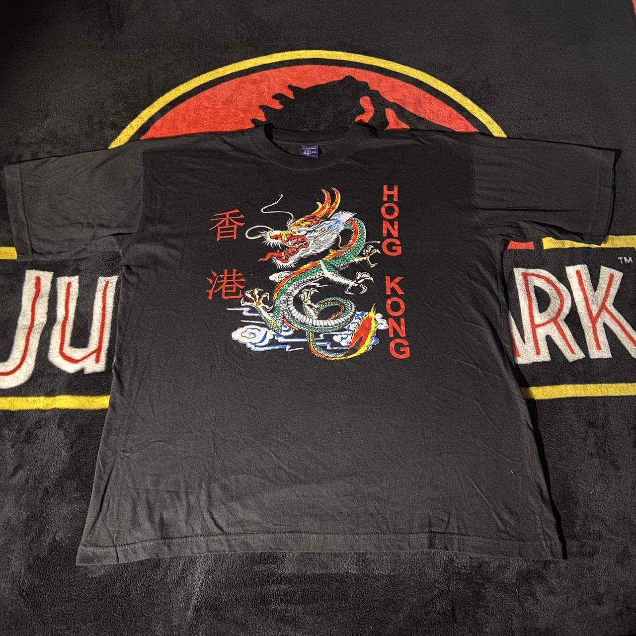 Y2K Dragon Hong Kong Black Shirt Tagged XXL Pit to... Depop