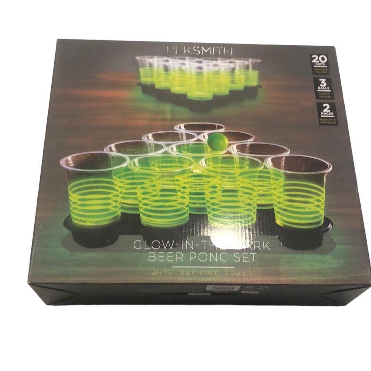 Beer Pong Set Glow-In-The-Dark (With Racking Trays) 20 Cups 3 Balls 2 Racks