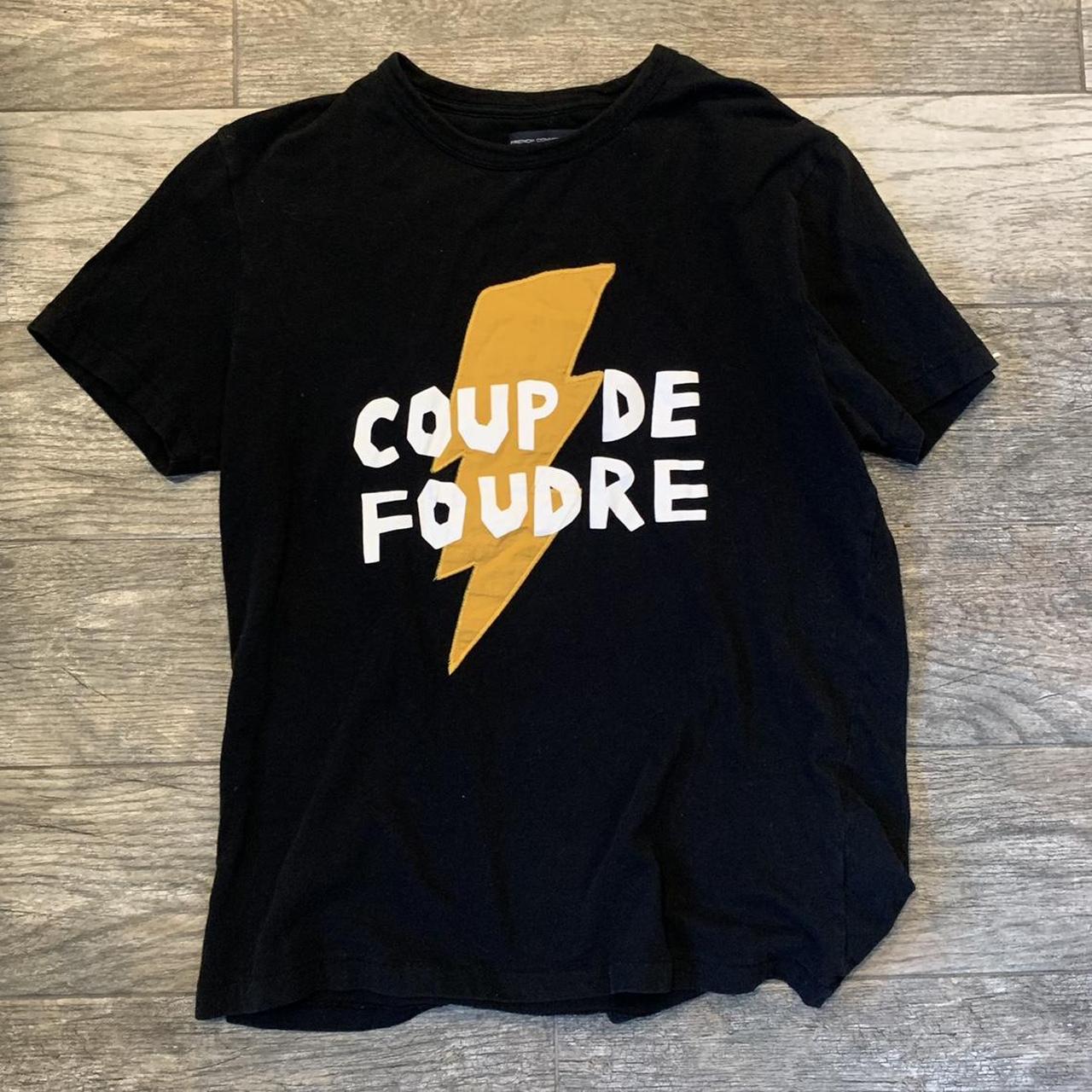 French Connection Women's Yellow and Black Tshirt Depop