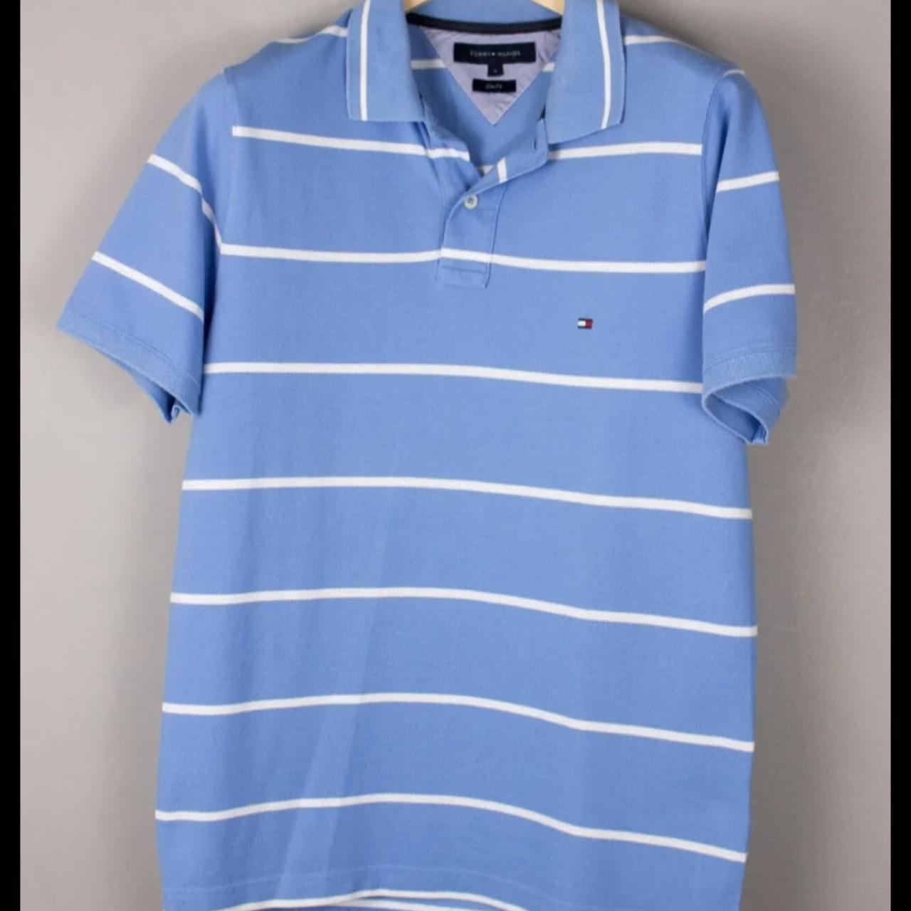 Large Blue and White Tommy Hilfiger polo shirt,... - Depop