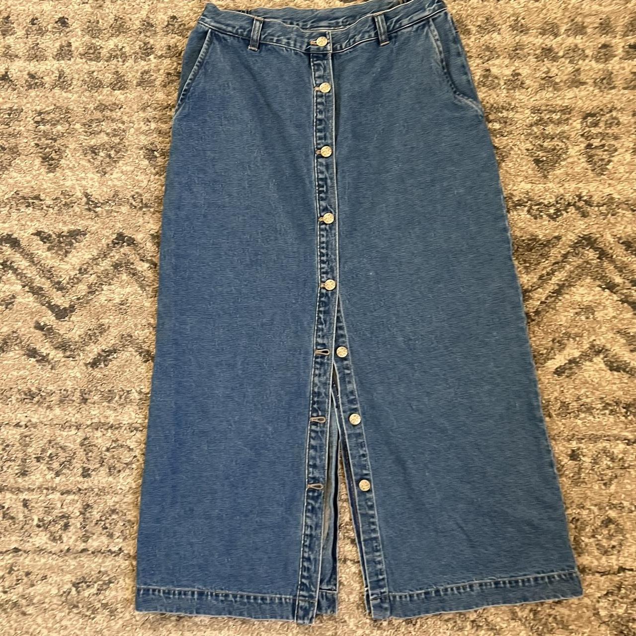 Retro long jean skirt, buttons up the front, slit in... - Depop