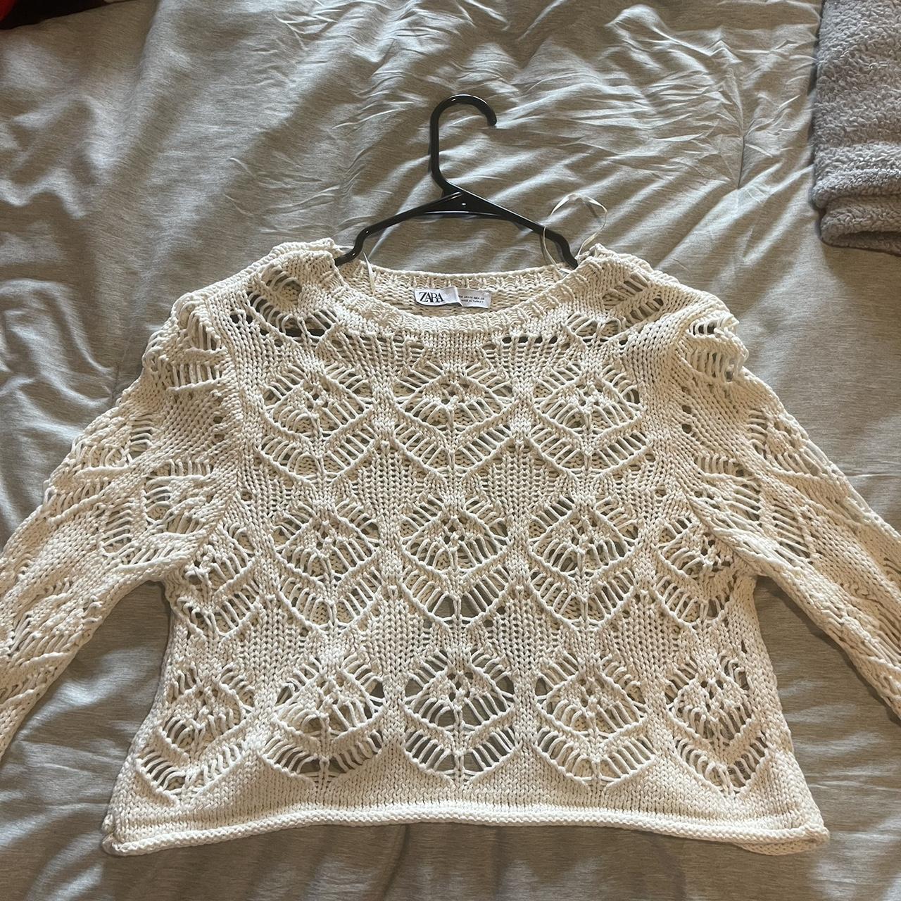 ZARA beige crochet sweater SIZE M - Depop