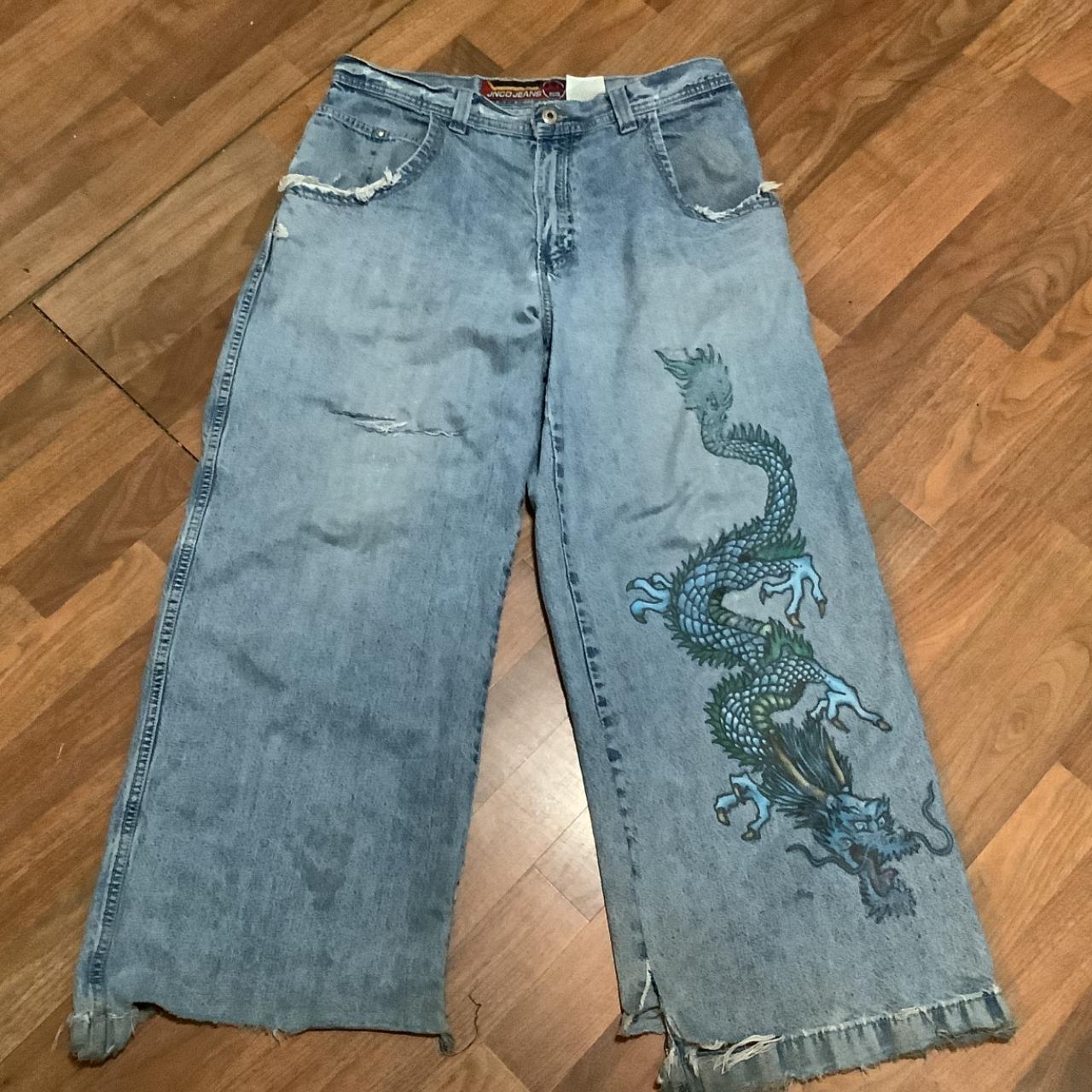Vintage Jnco Jeans denim blue Dragon print Super... - Depop