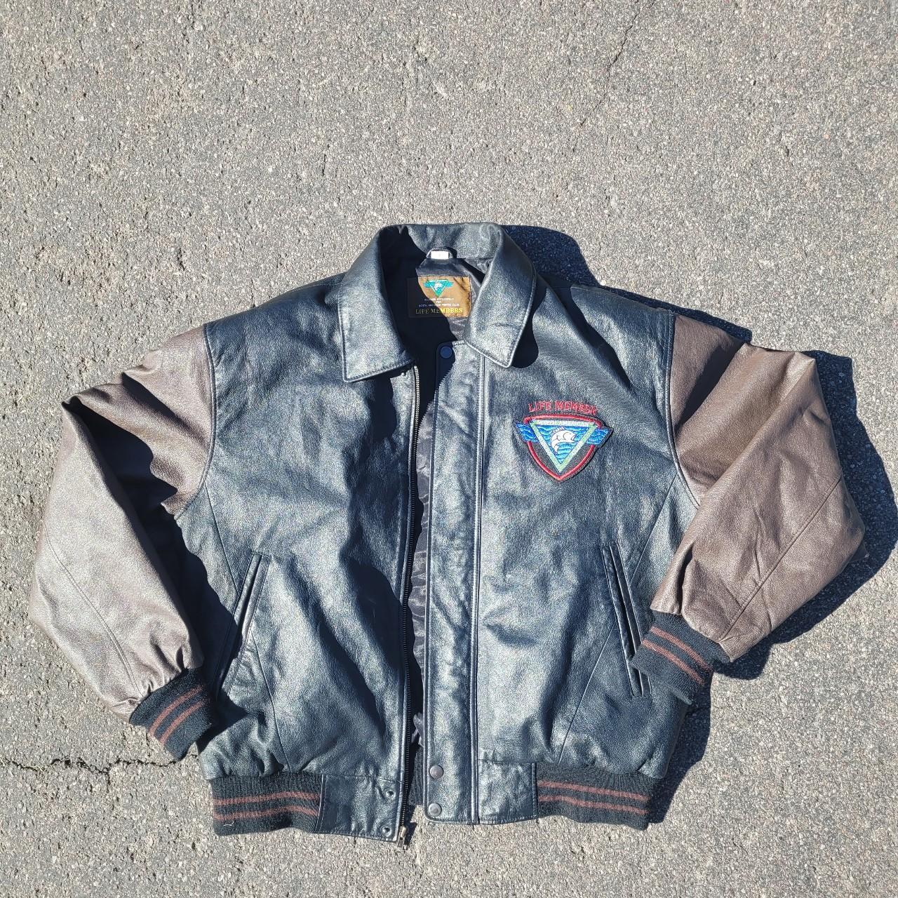 ○Vintage Leather Varsity Jacket ○90s Fishing - Depop