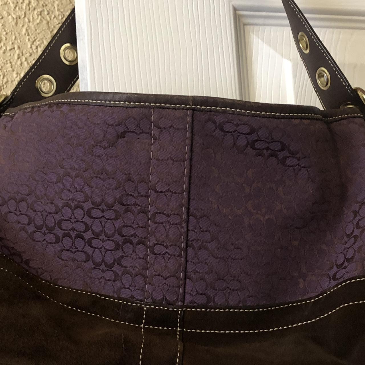 Coach - Tan Logo Patchwork Shoulder Bag w/ Purple Patent Leather Trim –  Current Boutique