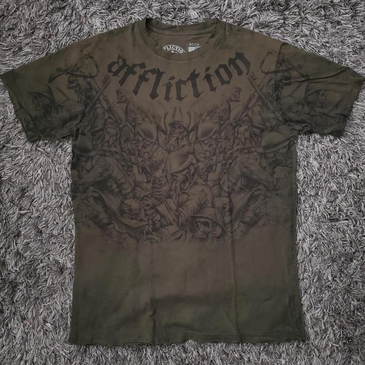 Rare affliction skelington shirt in army green real... - Depop