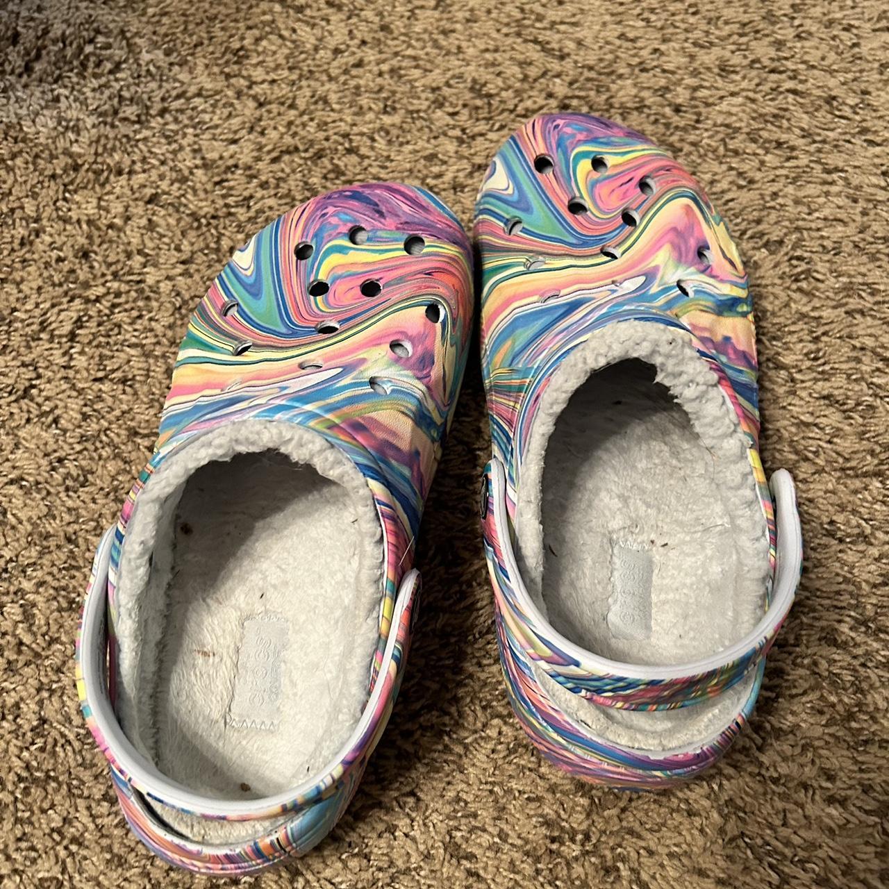 Tie dye rainbow swirl Crocs with fuzzy lining. Worn... - Depop