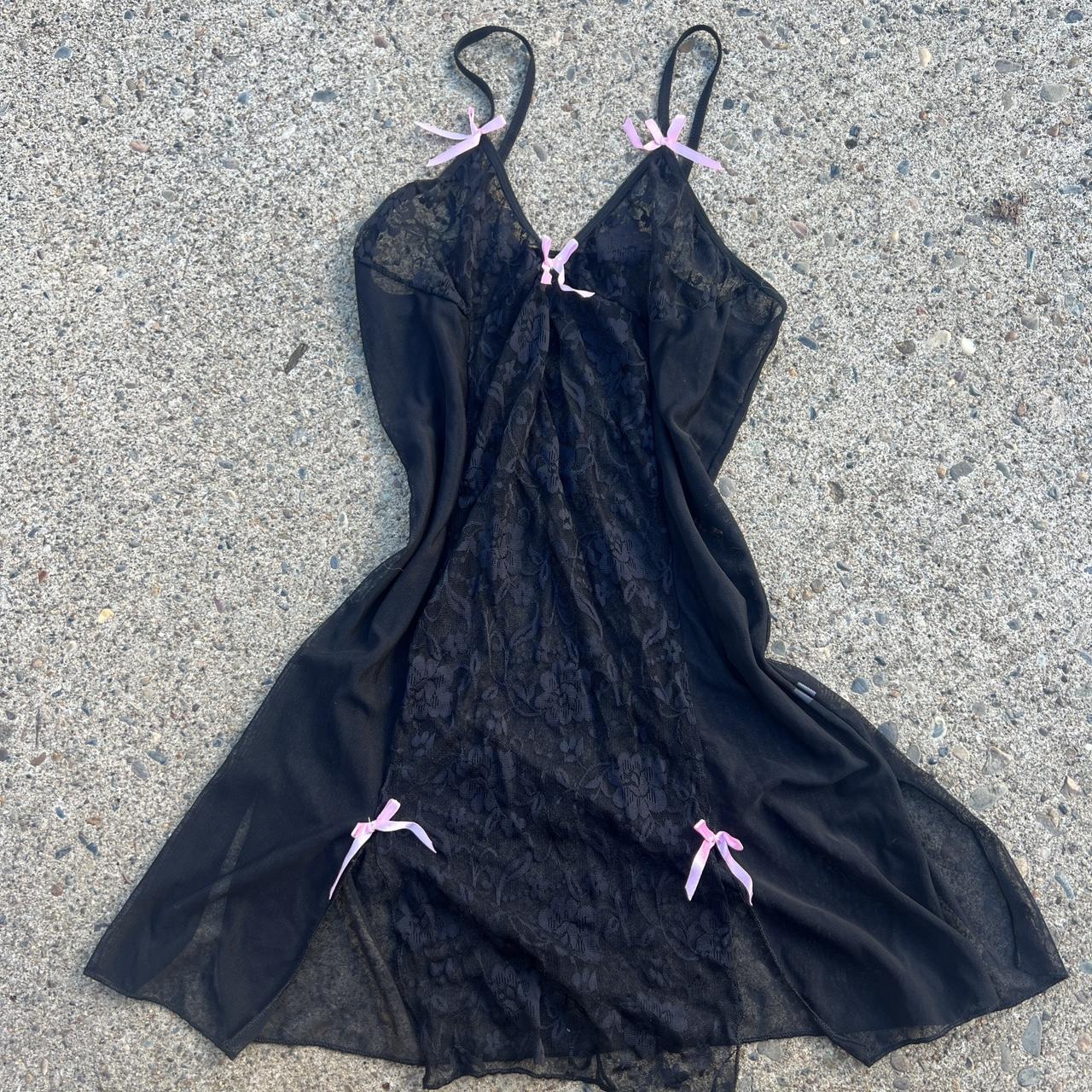 🎀 black lace slip dress with pink bows , 🎀 fits like