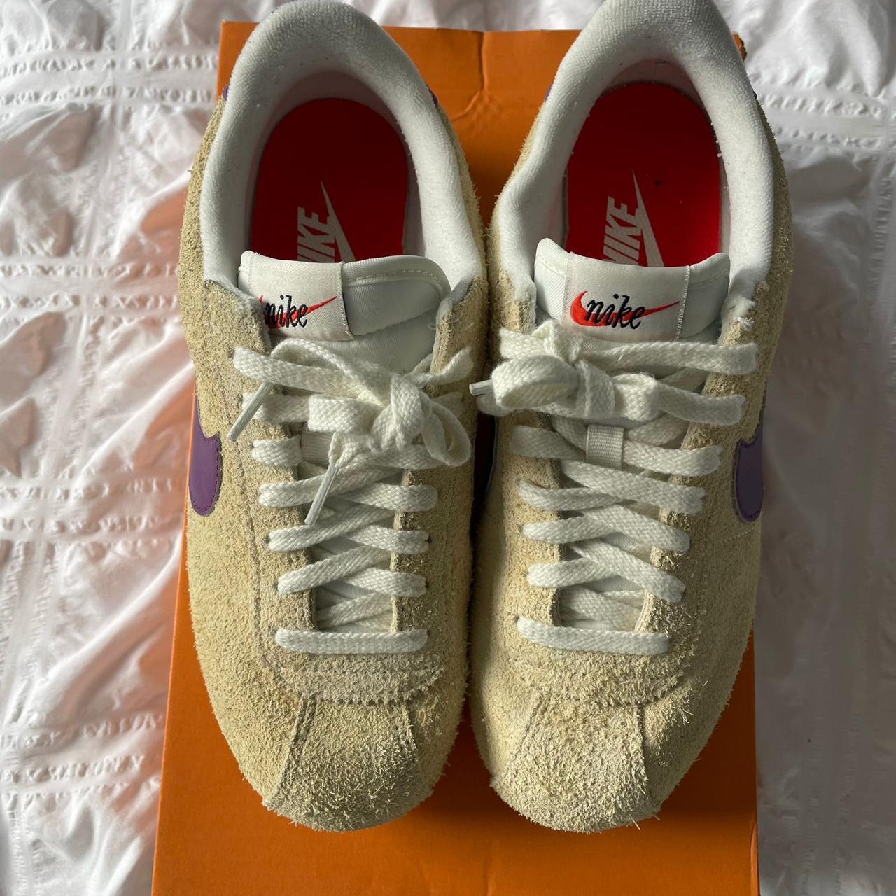 Nike Cortez Low tan and purple trainers worn once. Depop