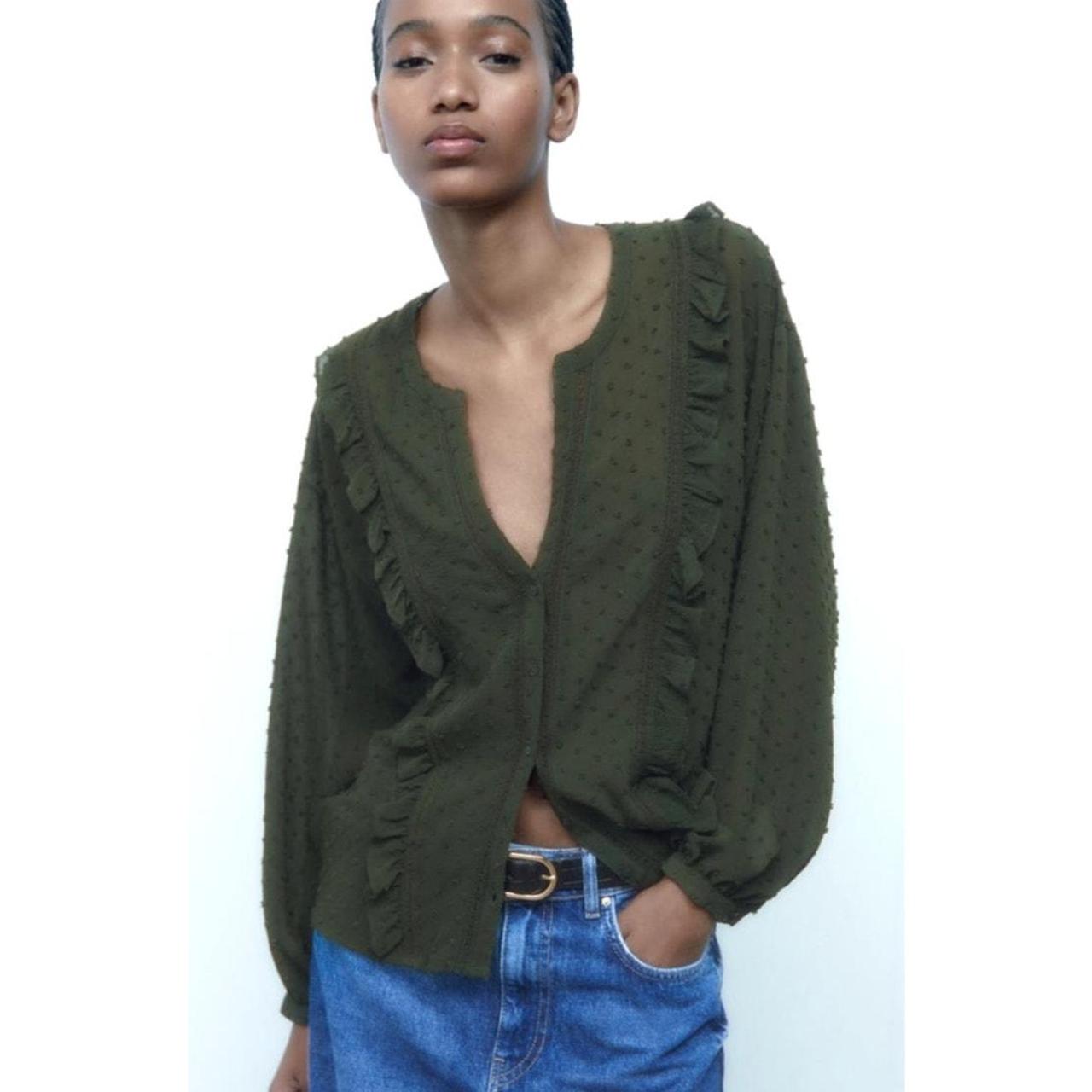 ZARA Green Dotted Mesh Blouse with Lace Trim