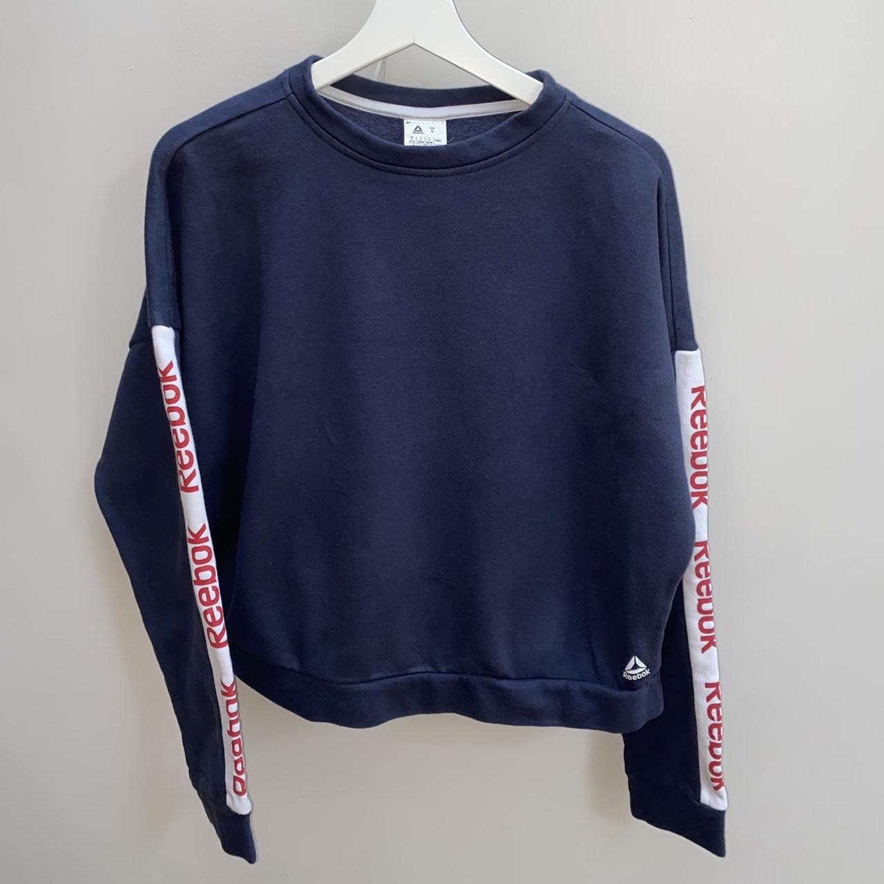 Cropped Navy Reebok Jumper Size L (1618) Depop
