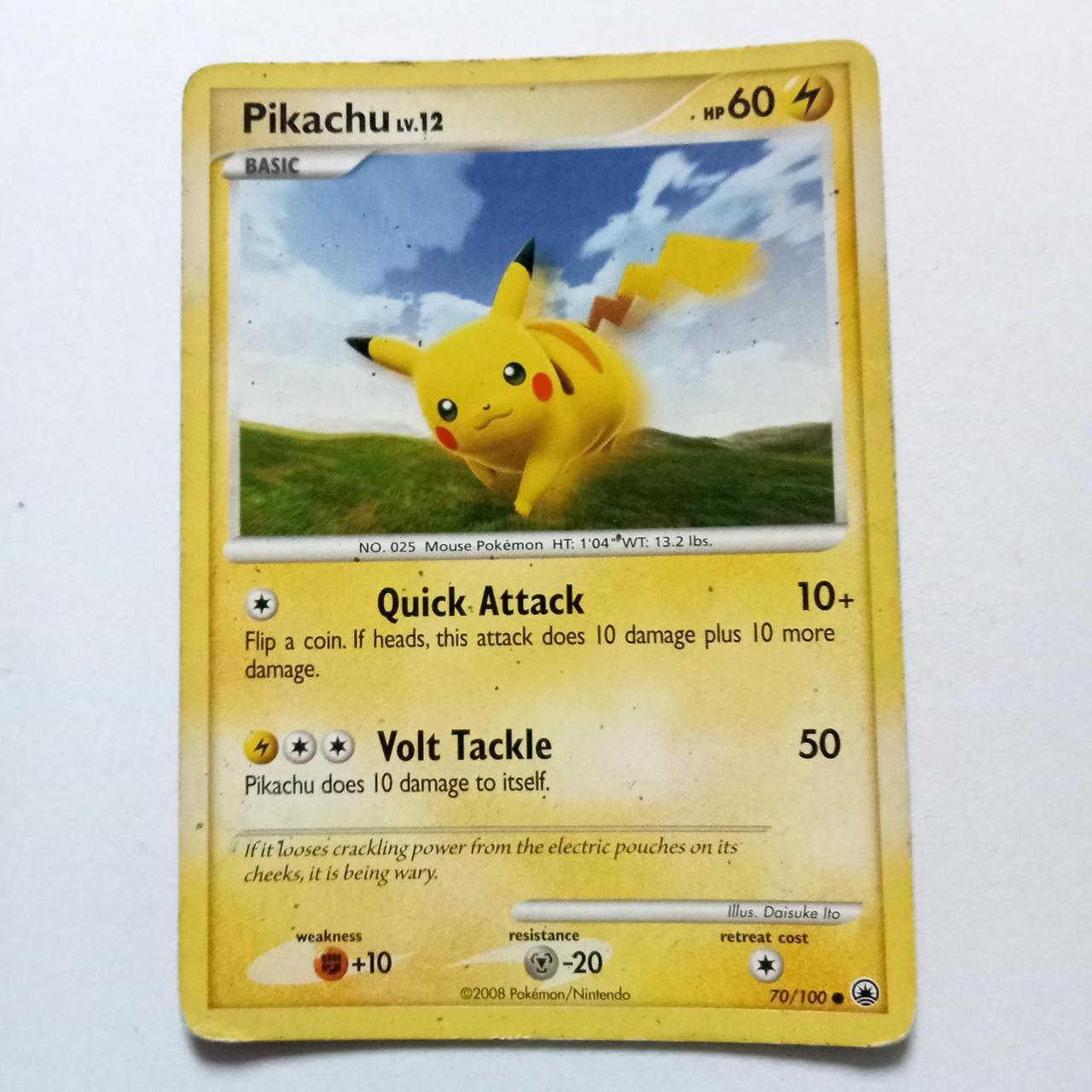 Pikachu Pokémon card with some wear and tear on the... - Depop